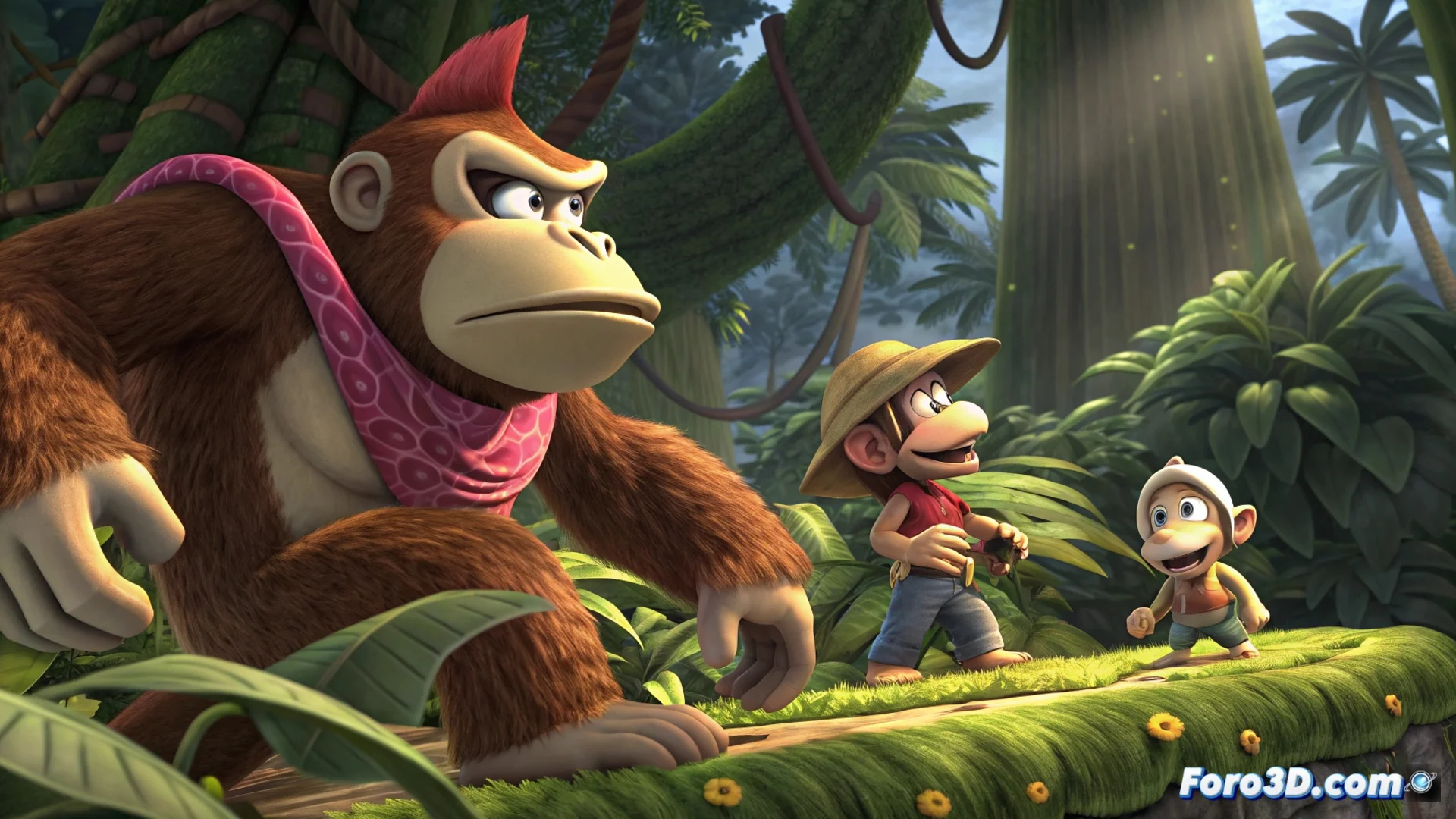 Captura de pantalla de Donkey Kong Country Returns HD mostrando a Dixie Kong usando su habilidad para planear sobre una zona de la jungla.