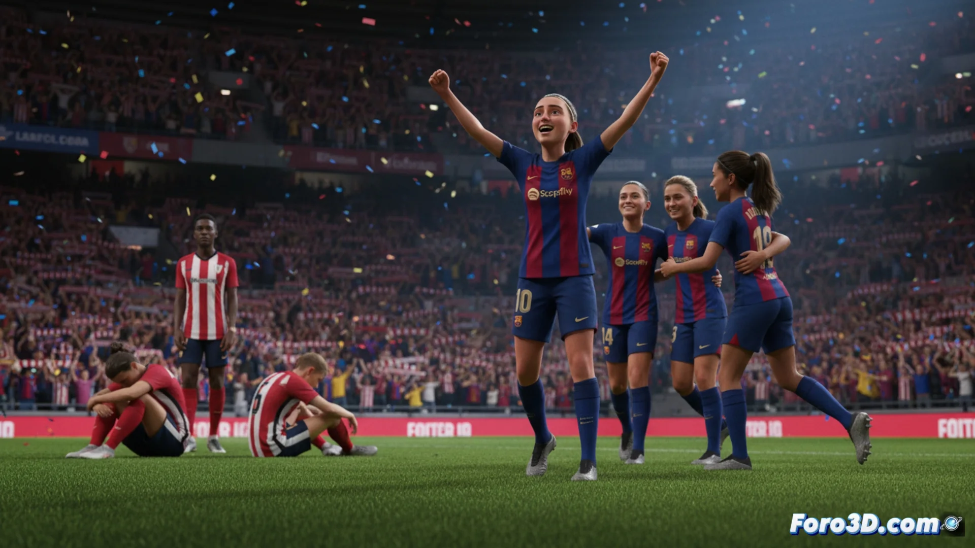 Jugadoras del FC Barcelona Femenino celebran un gol durante el partido de semifinal de la Supercopa de España contra el Athletic Club en el Estadio de Castalia.