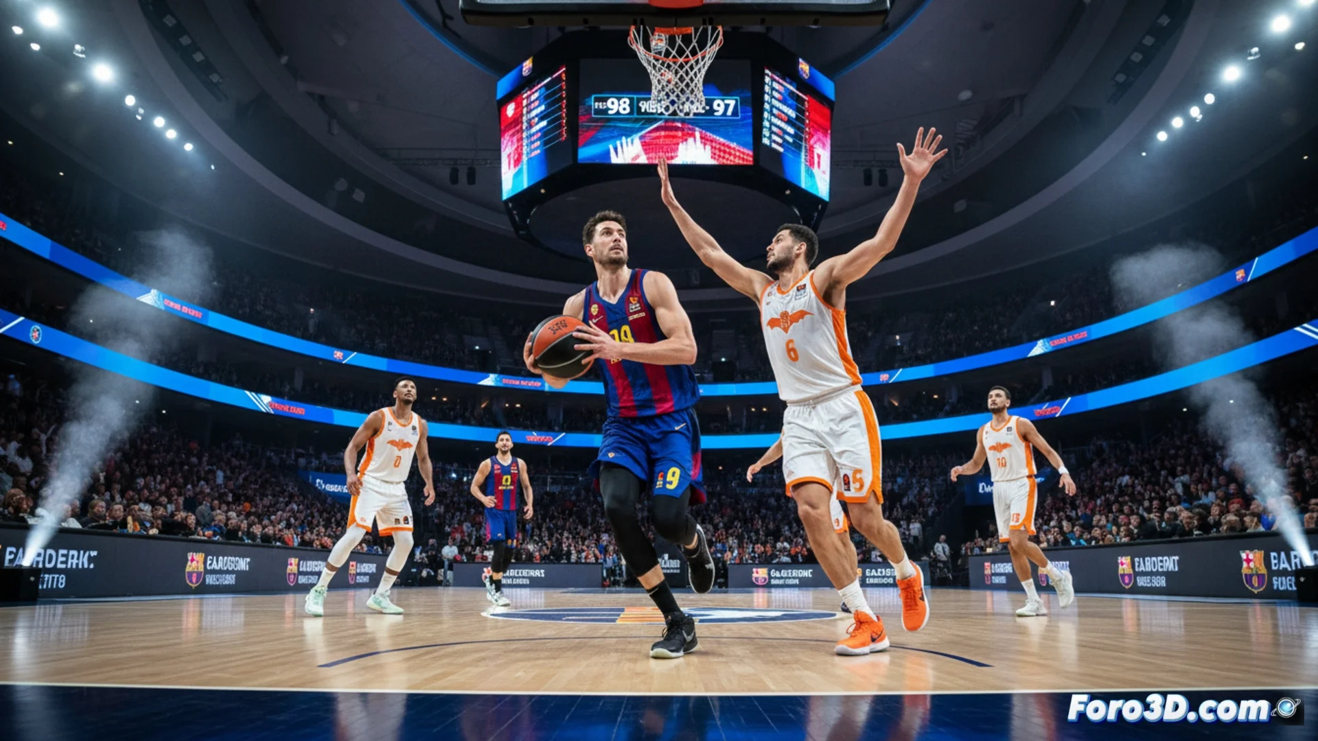 Fotografía de acción del partido FC Barcelona vs Valencia Basket en la Supercopa Endesa celebrada en Dubai, mostrando un lanzamiento a canasta con jugadores en defensa.