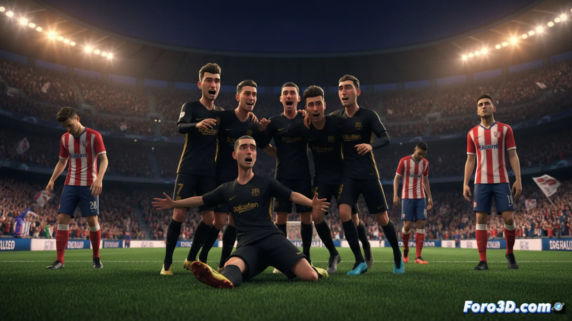 Jugadores del FC Barcelona celebrando un gol en el estadio del Slavia Praga durante un partido de la Liga de Campeones.