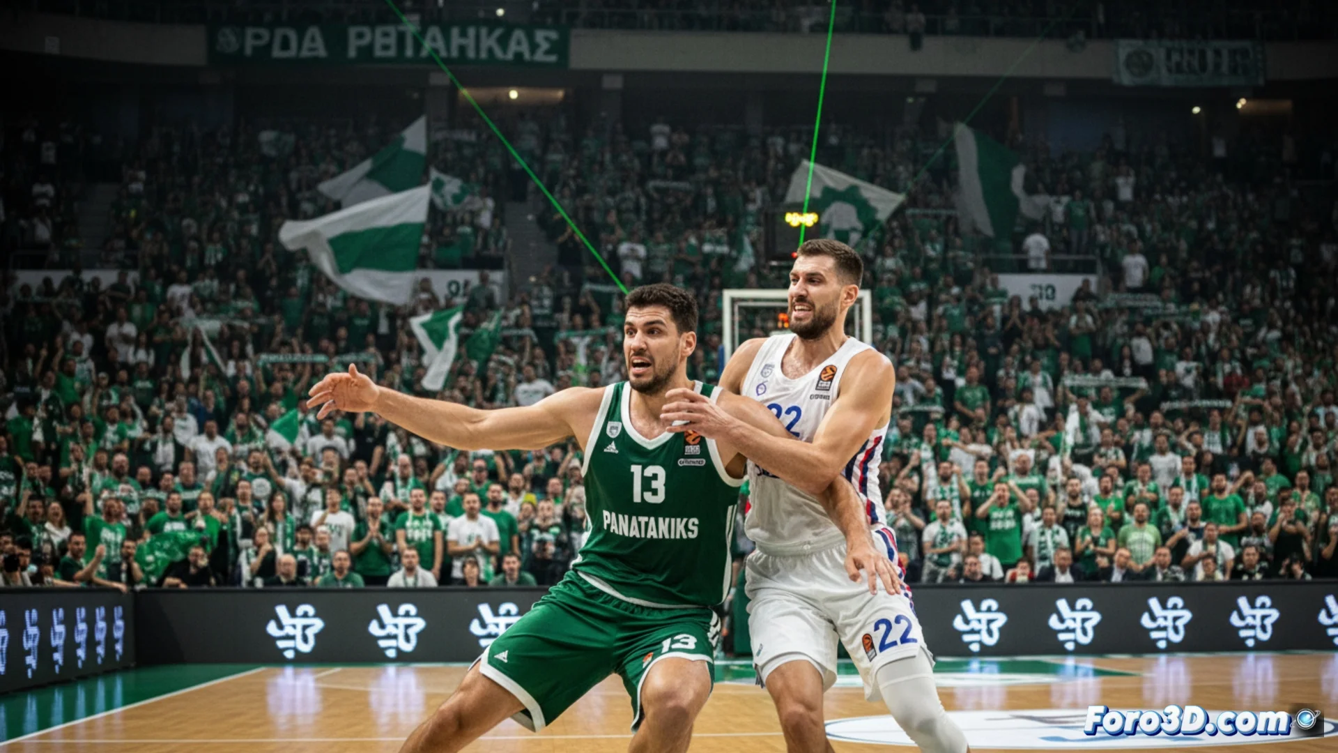 Fotografía del partido de Euroliga entre Panathinaikos y Baskonia en el estadio OAKA de Atenas, mostrando una acción de juego bajo la canasta.