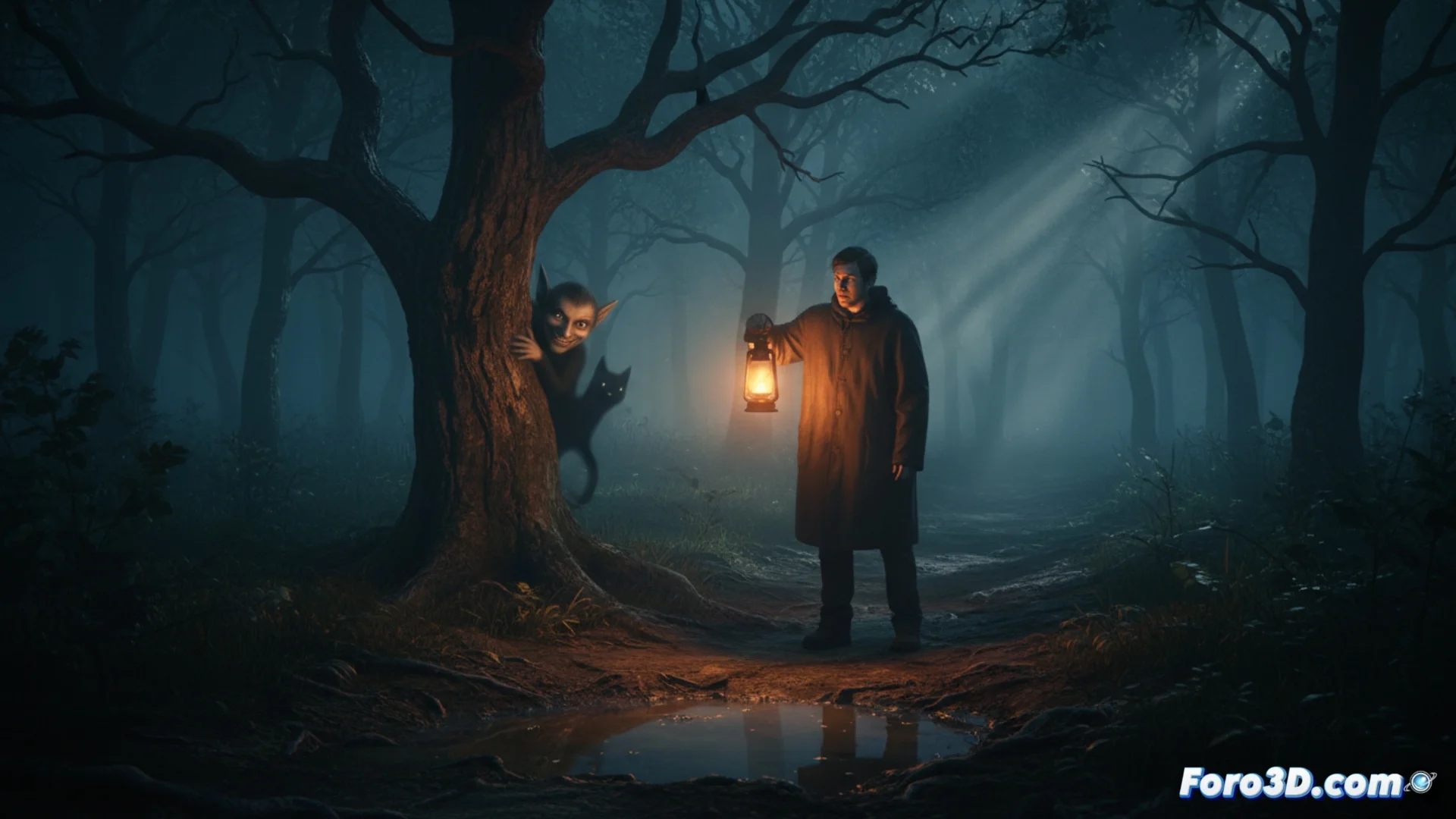 Ilustración digital de un duende asturiano con rasgos traviesos, escondido entre la maleza de un camino rural oscuro bajo un cielo estrellado. La imagen tiene un estilo de pintura digital que evoca el misterio del folclore.