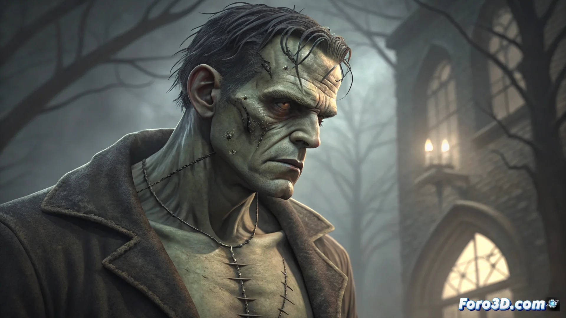 Imagen promocional que muestra al actor Jacob Elordi junto a una representación digital del monstruo de Frankenstein, destacando las cicatrices y la textura de la piel creada digitalmente para la serie The Spark of Life.