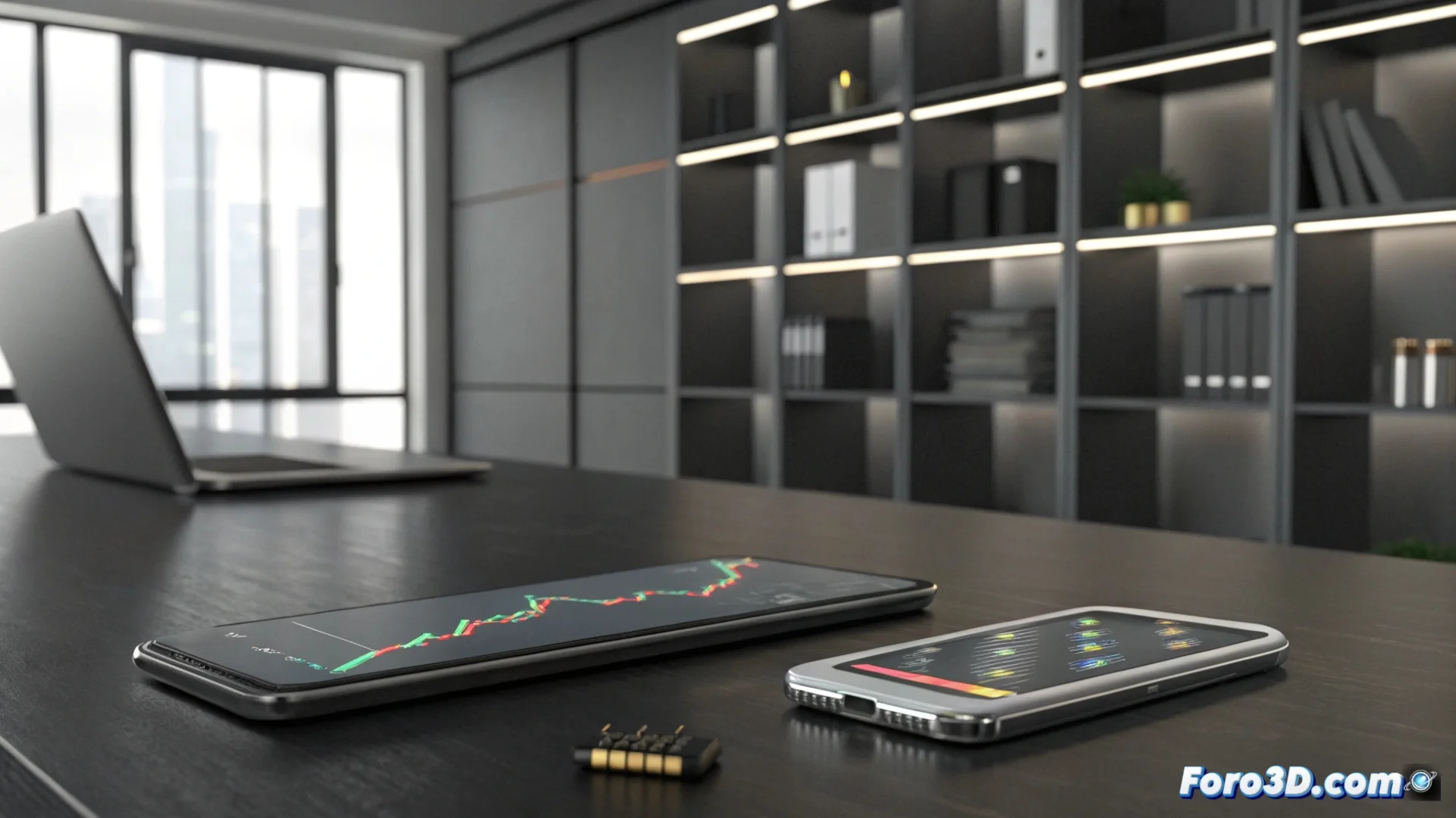 Gráfico que muestra una curva de crecimiento del mercado de teléfonos inteligentes que se aplana, con iconos de dispositivos móviles y chips de memoria en el fondo.