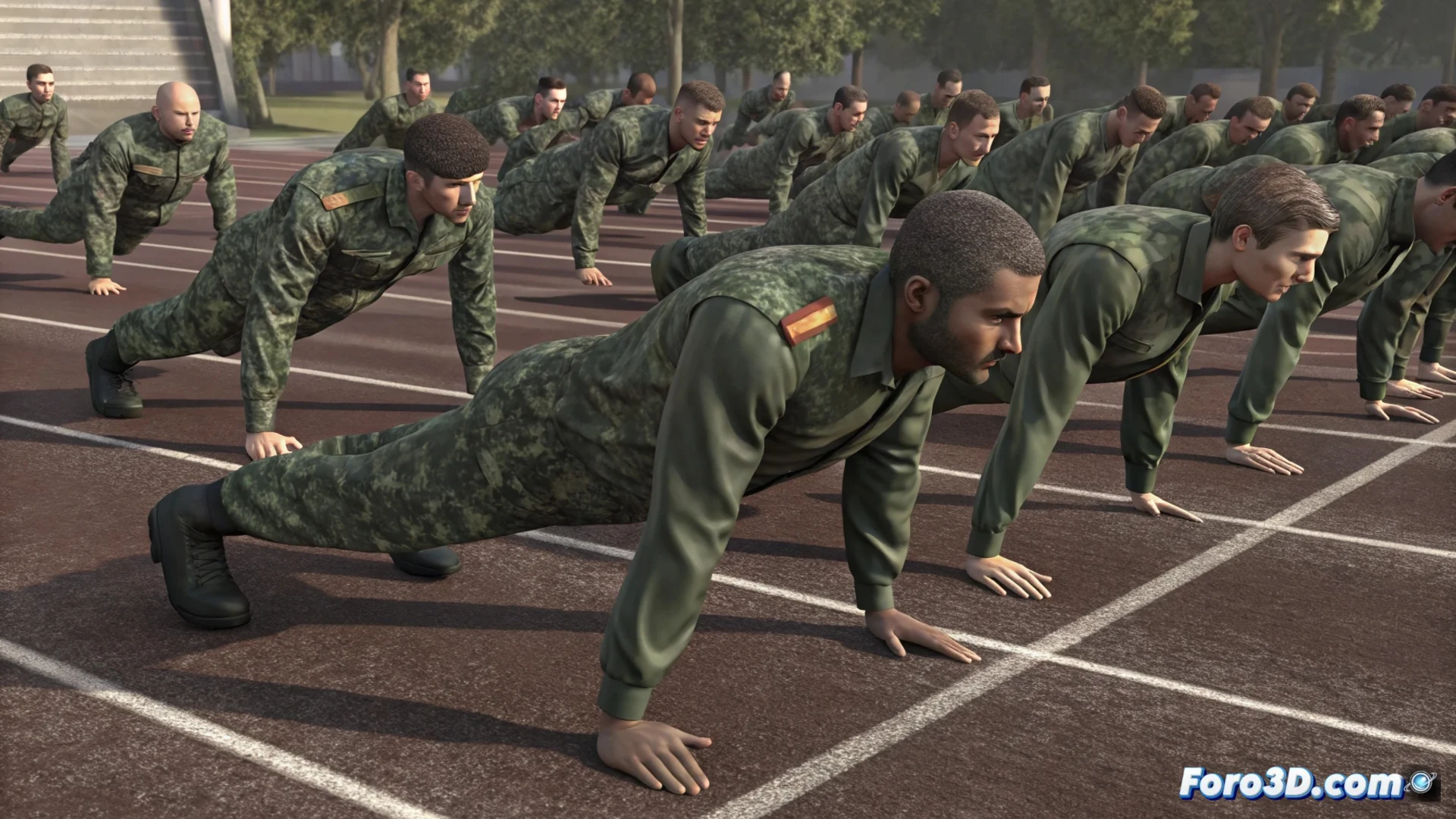Soldados realizando ejercicios físicos de resistencia en un campo de entrenamiento militar.