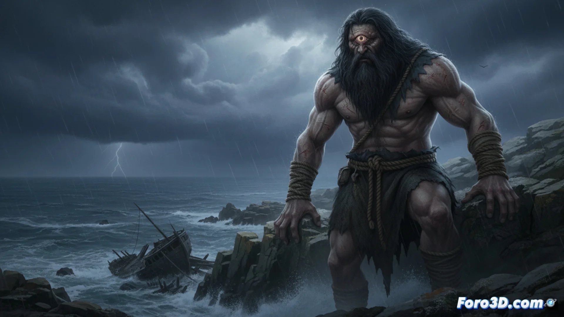 Ilustración digital de un cíclope gigante con un solo ojo, de aspecto robusto y piel rugosa, acechando entre las grietas de unos acantilados rocosos bañados por un mar bravo y brumoso al atardecer.
