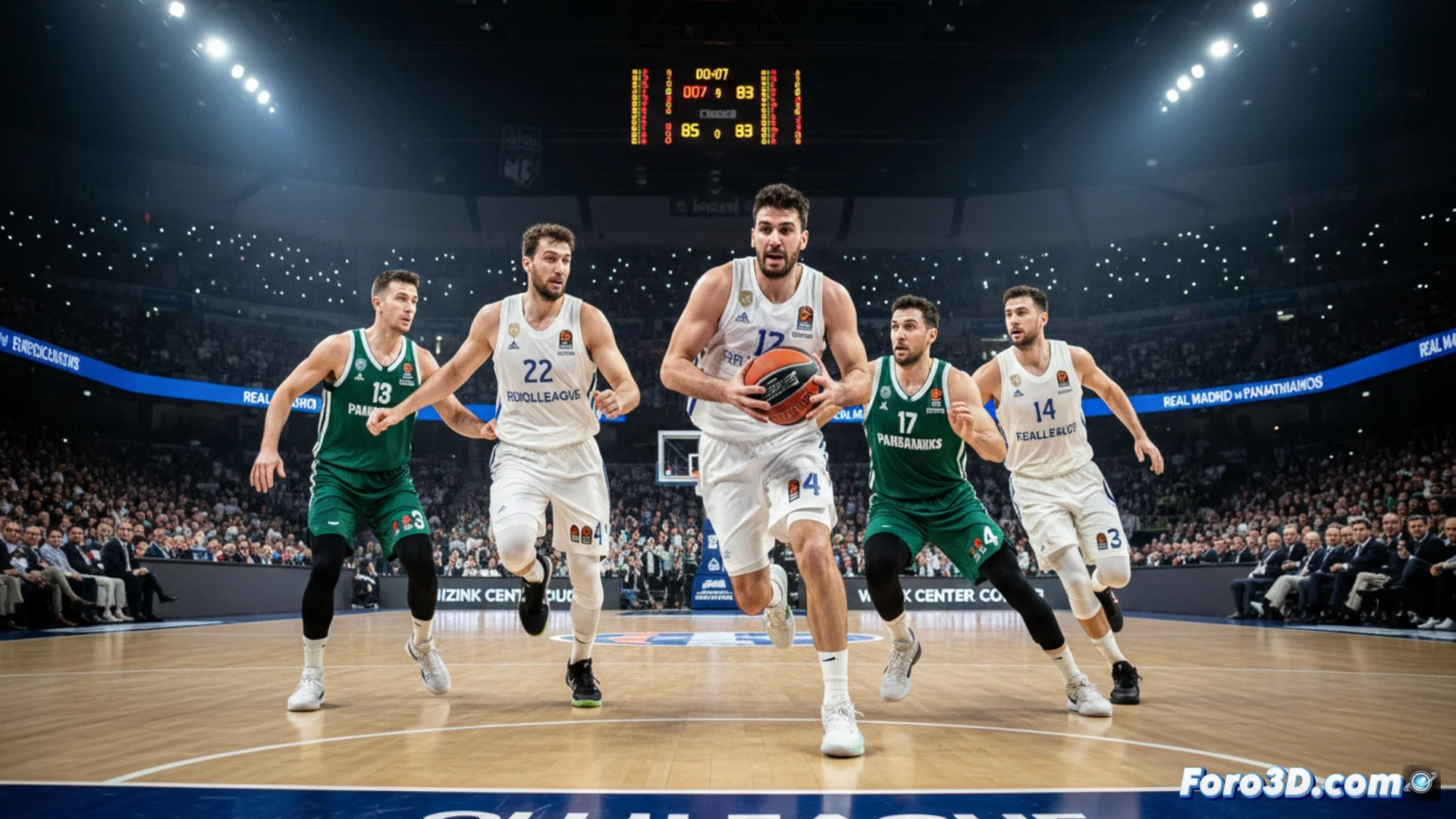 El equipo del Real Madrid de baloncesto celebra un punto durante el partido de Euroliga frente al Panathinaikos en el WiZink Center, con la afición animando en el fondo.