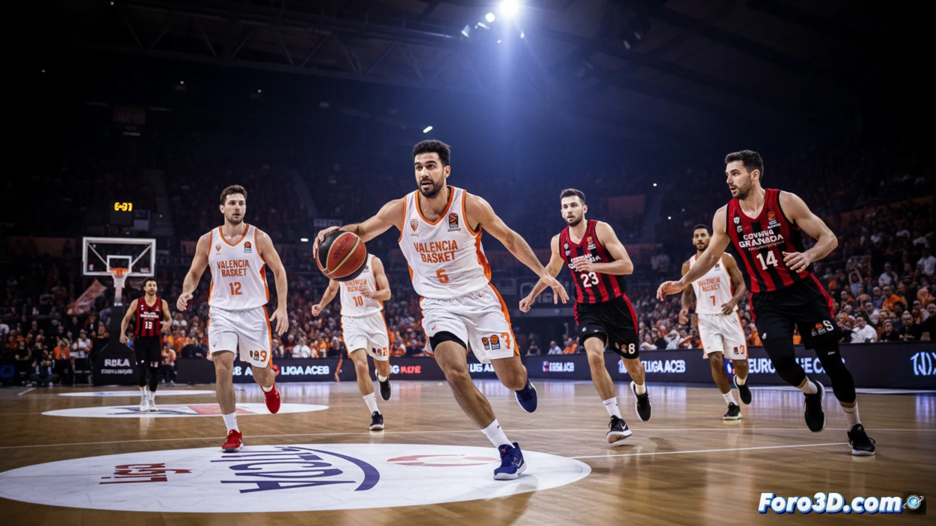 Jugadores del Valencia Basket celebrando un enceste durante el partido contra el Covirán Granada en la pista de la Roig Arena, con el marcador visible al fondo.