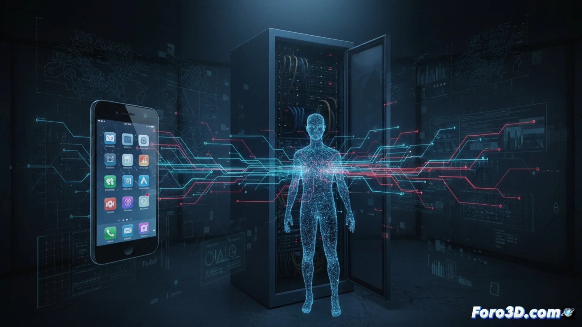 Infografía que muestra cómo los identificadores publicitarios de un teléfono móvil (IDFA y GAID) se combinan con datos de ubicación y de apps para crear un perfil de usuario que es monitoreado por servidores de empresas de vigilancia.