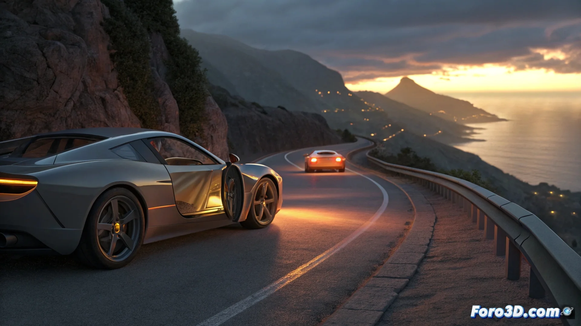 Imagen conceptual que muestra un coche deportivo tradicional y un vehículo eléctrico deportivo en un entorno urbano, simbolizando la transición y la reducción de emisiones contaminantes.