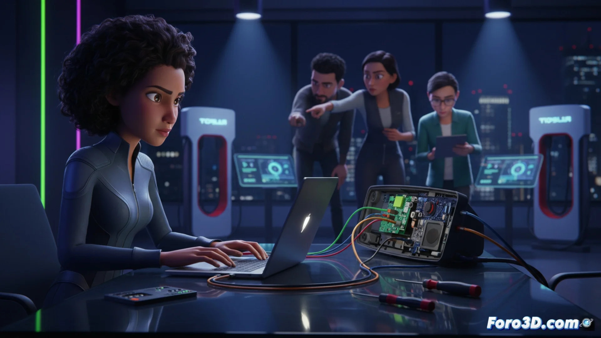 Fotografía de un investigador en ciberseguridad analizando la pantalla táctil del sistema de infoentretenimiento de un vehículo eléctrico moderno en un entorno de prueba controlado.