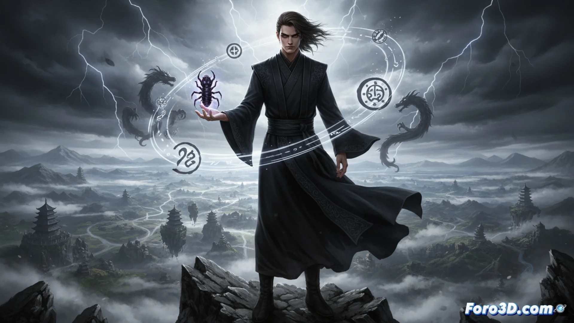 Ilustración digital de Fang Yuan, el protagonista de Reverend Insanity, con una mirada fría y calculadora, vestido con ropas oscuras de cultivador en un entorno sombrío que refleja su naturaleza demoníaca.