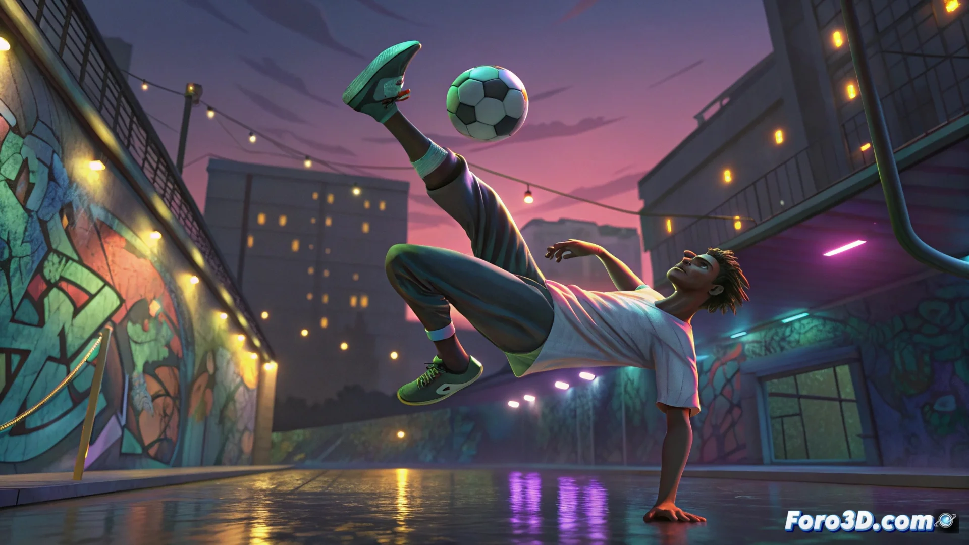Captura de pantalla del videojuego Freestyle Football 2 mostrando un jugador ejecutando un truco con el balón en un estadio urbano.