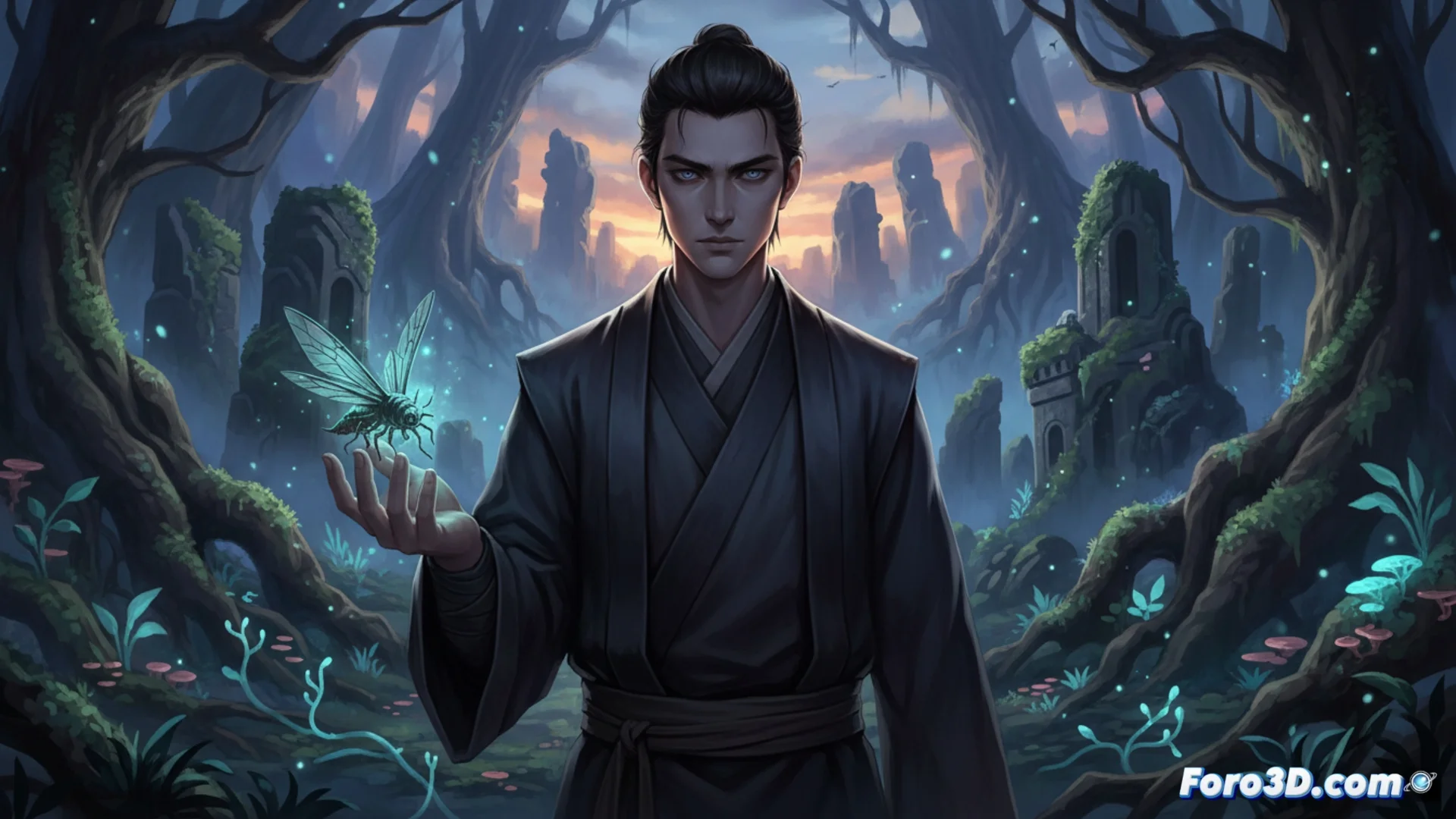 Ilustración de Gu Yue Fang Yuan, un joven con mirada fría y calculadora, de pie en un entorno de fantasía xianxia, simbolizando su renacimiento y determinación despiadada.