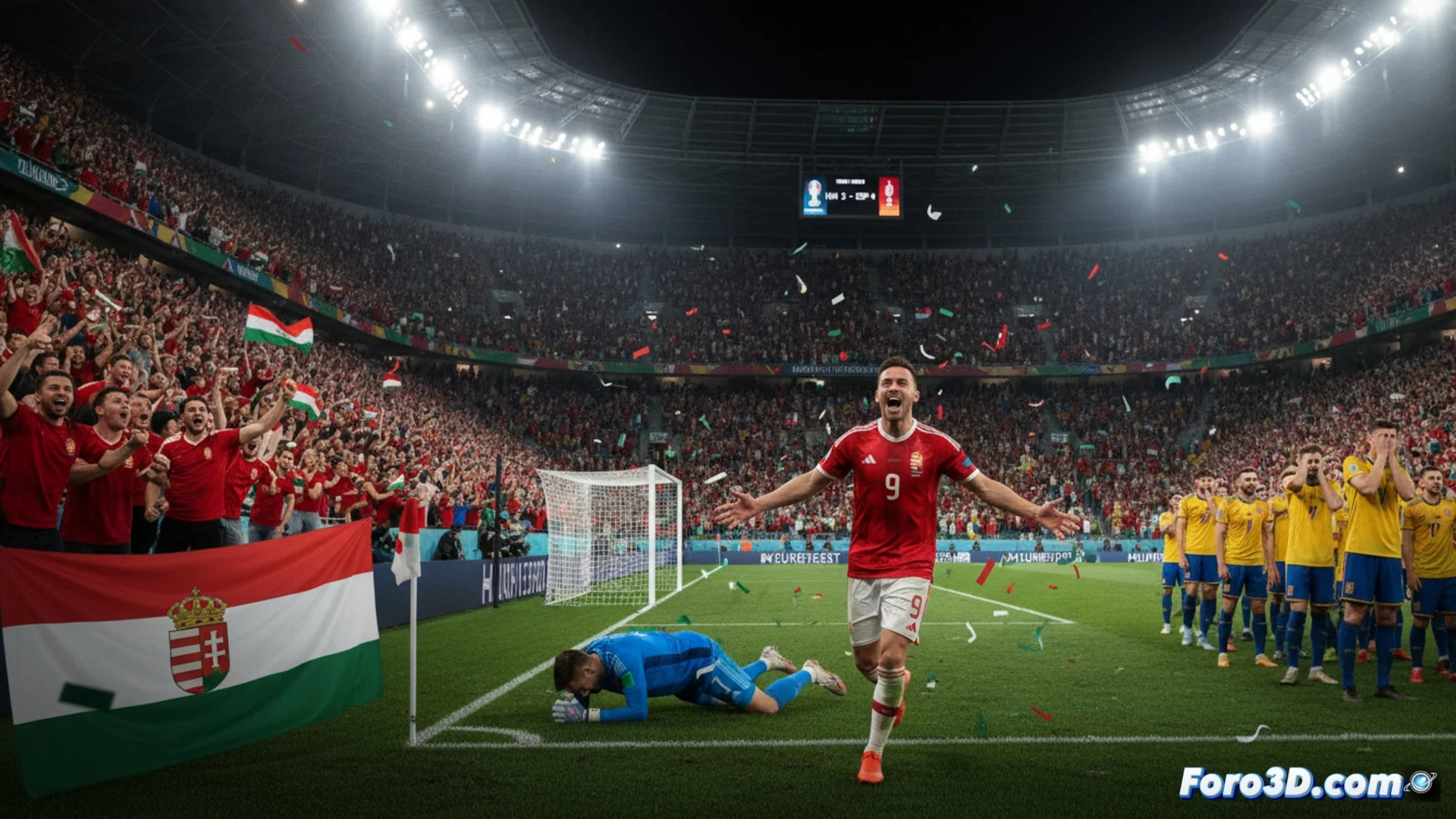 Fotografía del momento de la tanda de penaltis donde un jugador húngaro celebra mientras el portero español mira al suelo desconsolado. En el fondo, aficionados con banderas.
