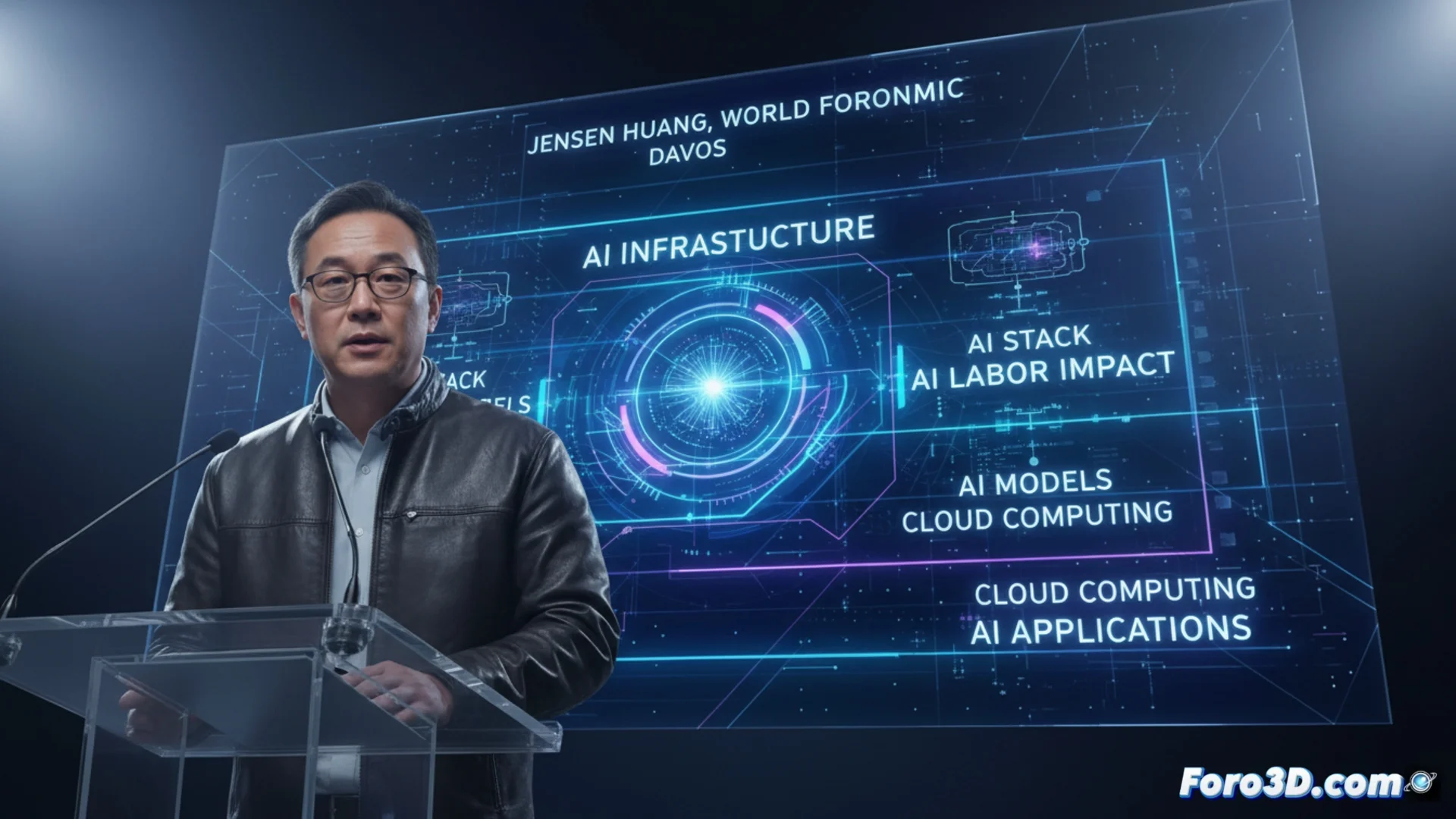 Jensen Huang, CEO de NVIDIA, explica con un gráfico la arquitectura de cinco niveles de la infraestructura de inteligencia artificial durante su intervención en el Foro Económico Mundial de Davos.