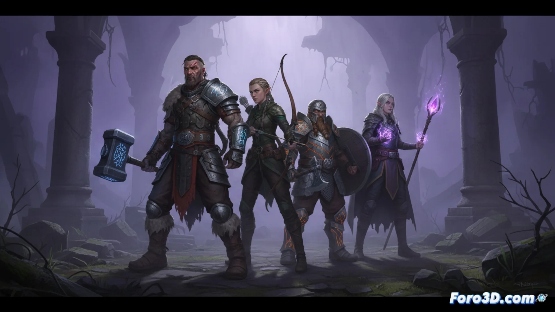 Ilustración promocional del videojuego Enshrouded mostrando un entorno fantástico y personajes en un paisaje brumoso.