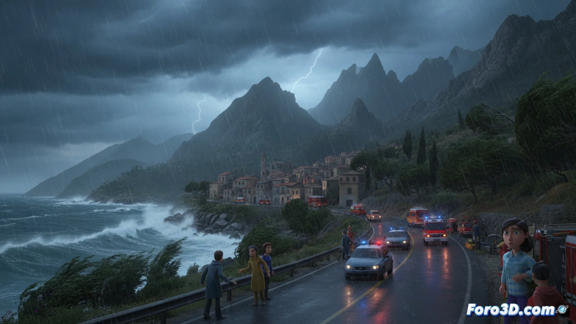 Mapa meteorológico o fotografía aérea que muestra nubes de tormenta y precipitaciones intensas sobre la región de Calabria, con iconos de alerta roja superpuestos.