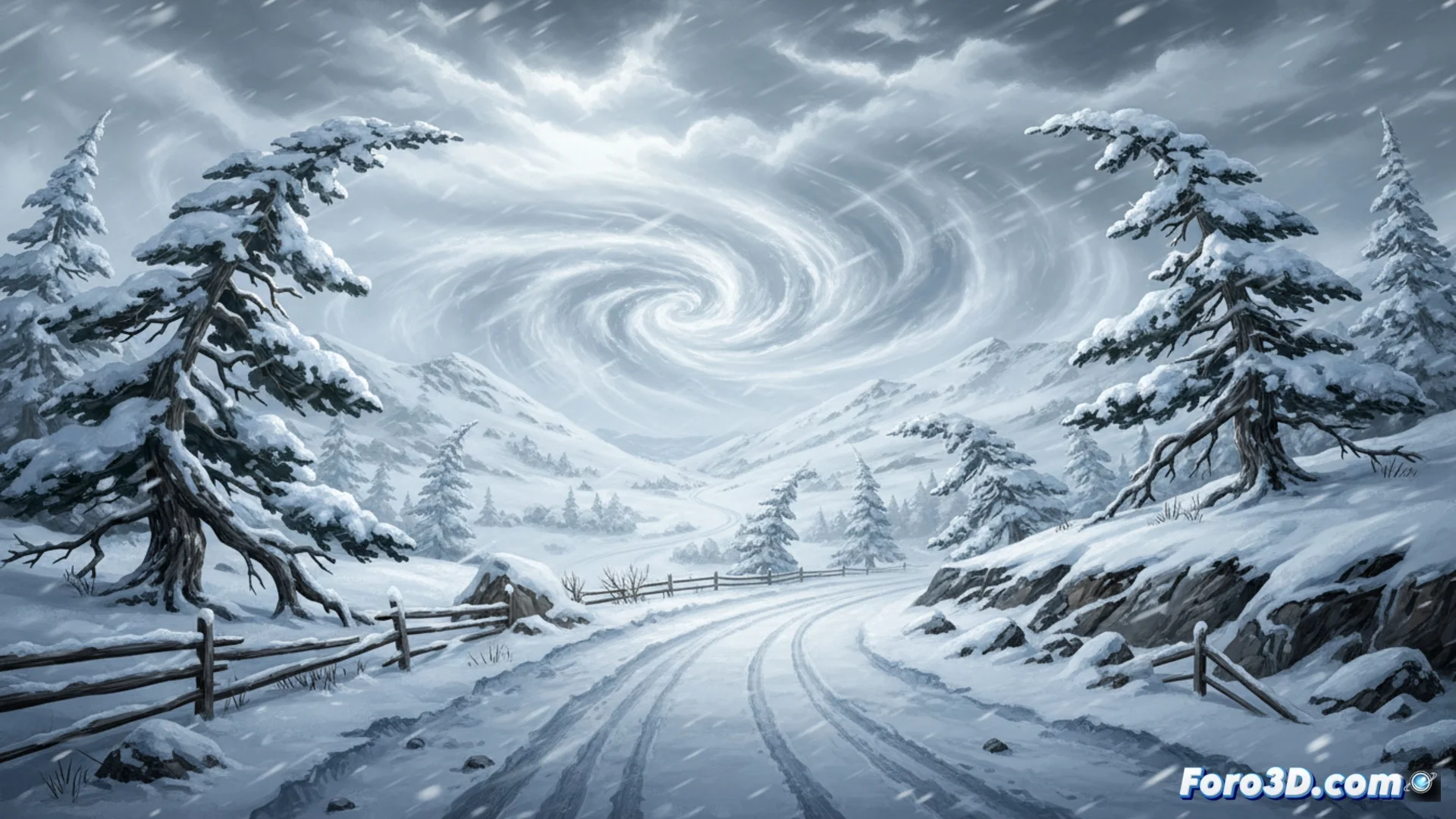 Mapa meteorológico o fotografía que muestre un paisaje montañoso del norte de España cubierto de nieve, con fuertes rachas de viento levantando la nieve del suelo y reduciendo la visibilidad.