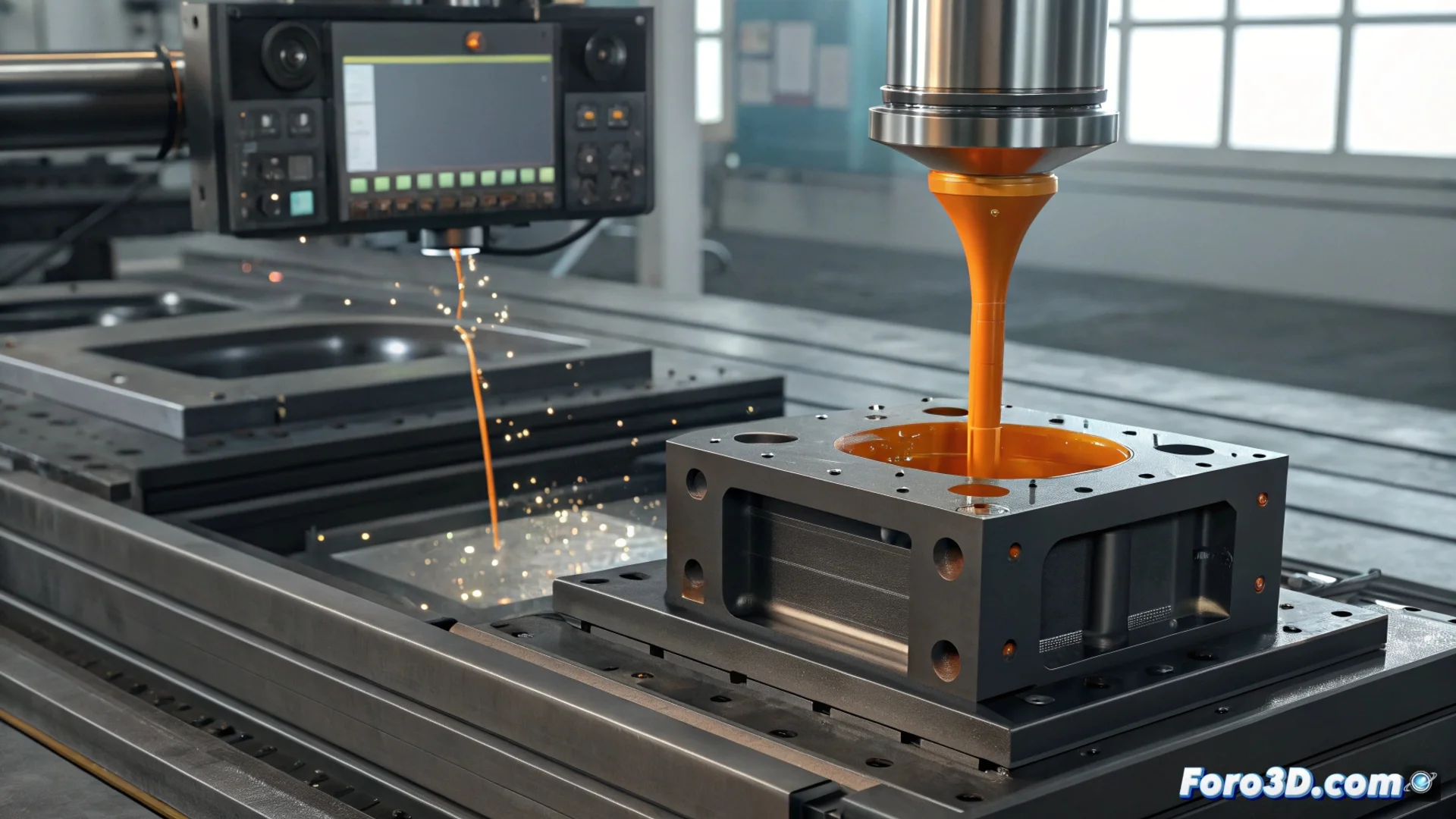 Molde para inyección de plástico fabricado con tecnología de impresión 3D, mostrando canales de refrigeración internos y geometría compleja, sobre una mesa de trabajo industrial.