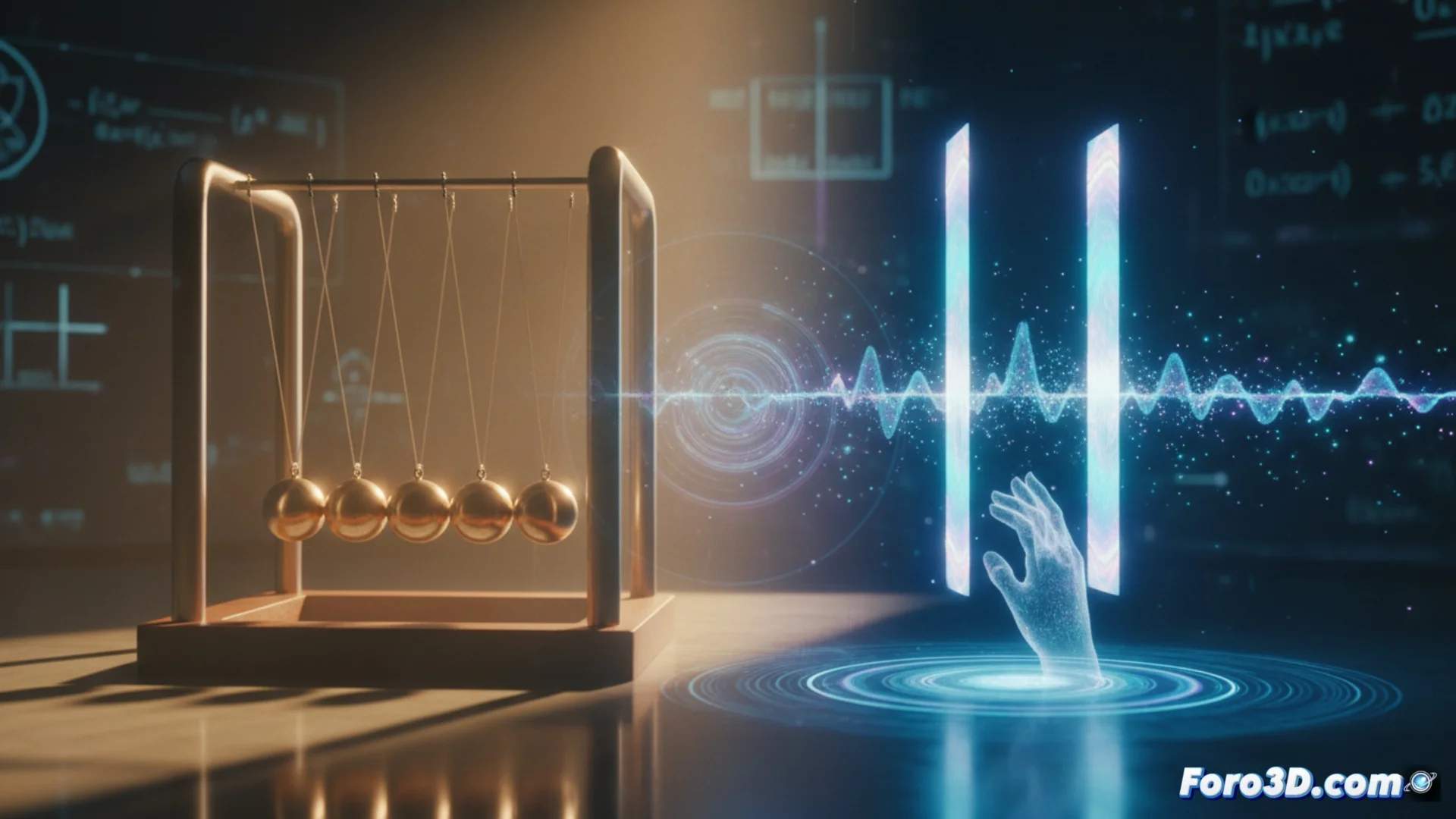 Ilustración conceptual que muestra una transición gradual y difusa entre un paisaje newtoniano clásico y un entorno abstracto cuántico con partículas y ondas superpuestas, representando la zona gris entre ambas realidades físicas.