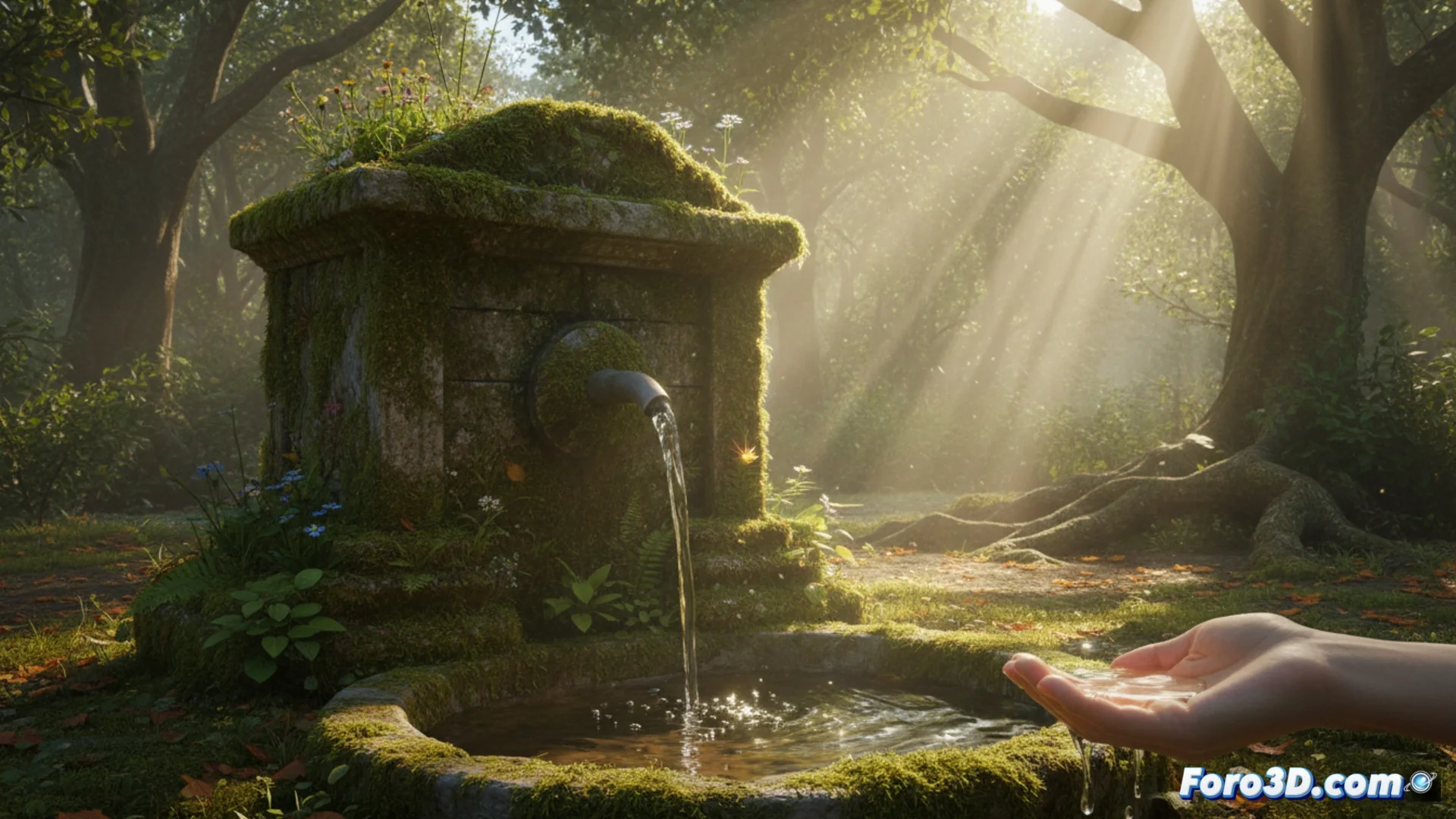 Fotografía del manantial natural conocido como la Fuente de la Salud de Tarna, ubicado en un entorno boscoso y rocoso, con agua cristalina fluyendo.