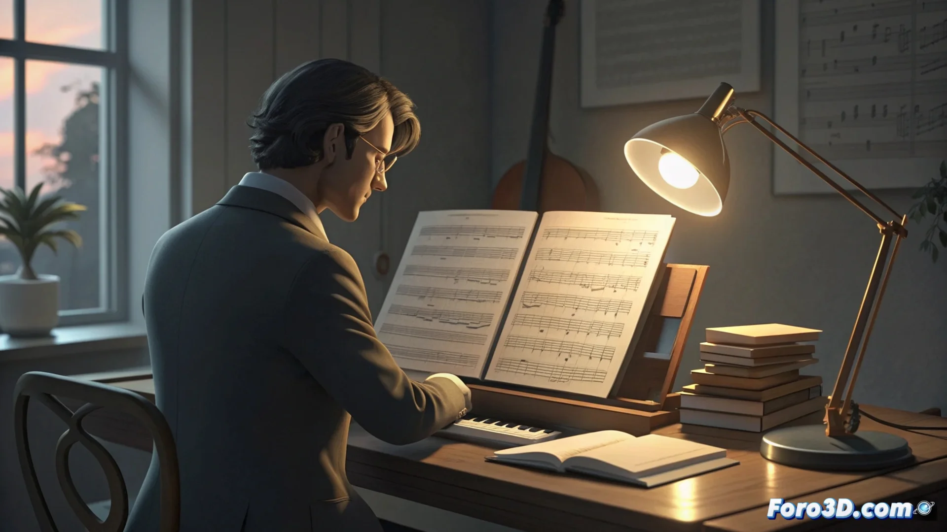 Fotografía de una partitura sinfónica sobre un atril, con instrumentos de orquesta como violines y trompetas desenfocados en el fondo, iluminada por un foco de luz cálida.