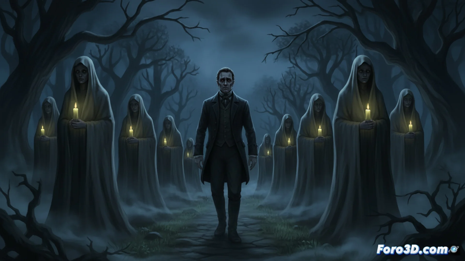 Ilustración digital de una procesión fantasmal nocturna en un camino real asturiano. Figuras espectrales con sudarios y velas avanzan bajo un cielo estrellado, guiadas por una figura encapuchada. Ambiente sombrío y misterioso.