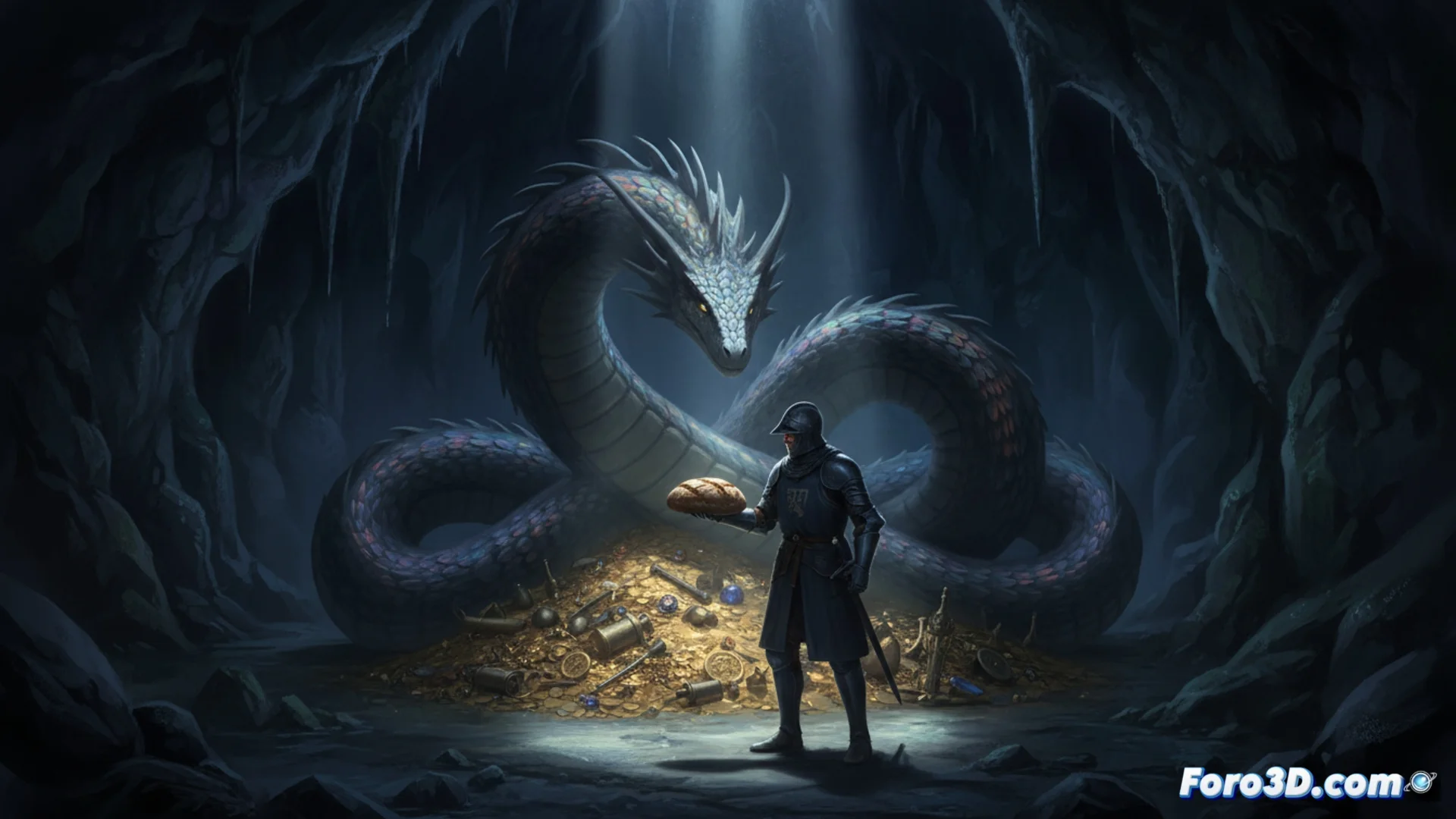 Ilustración de la entrada a la Cueva Bolado, con una figura oscura y alada del Cuélebre asomando desde su interior, bajo un cielo nublado típico de Asturias.