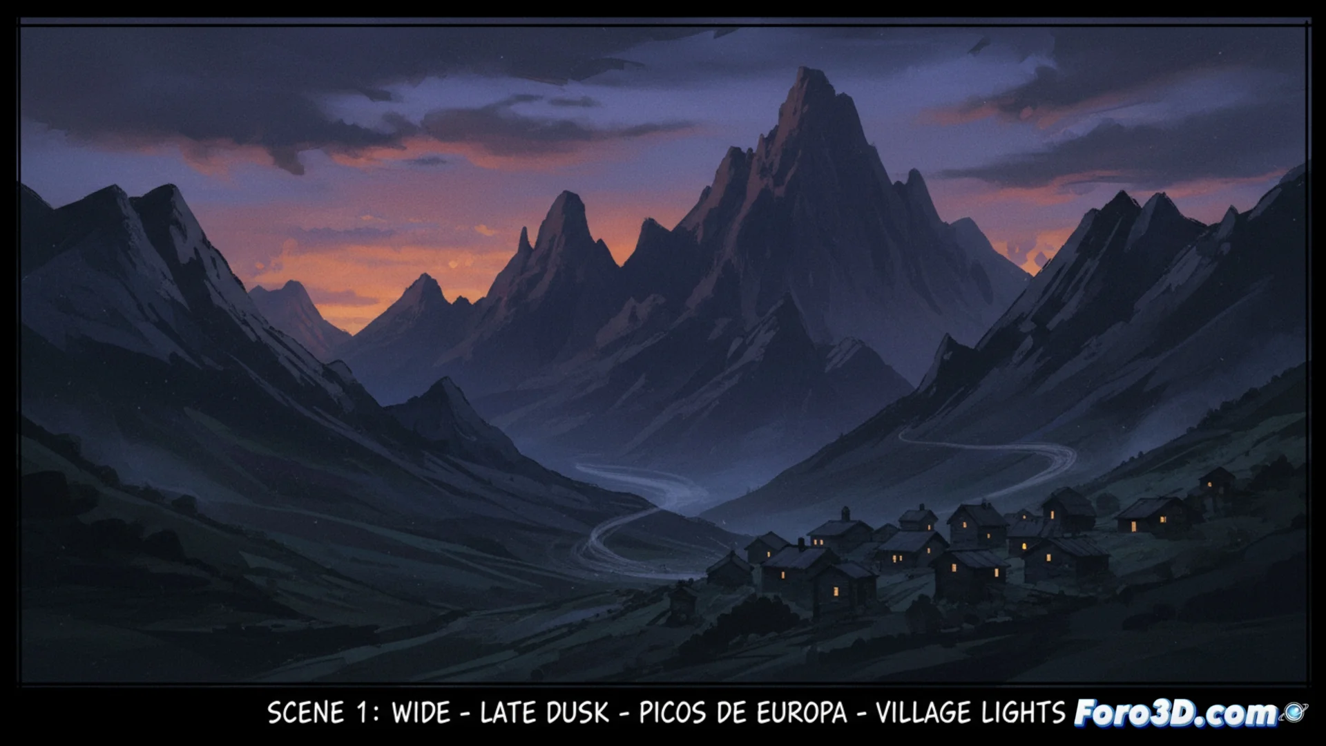 Paisaje montañoso y brumoso de los Picos de Europa al atardecer, con un rebaño de ovejas pastando en un valle y la silueta de un lobo grande observando desde una roca elevada.