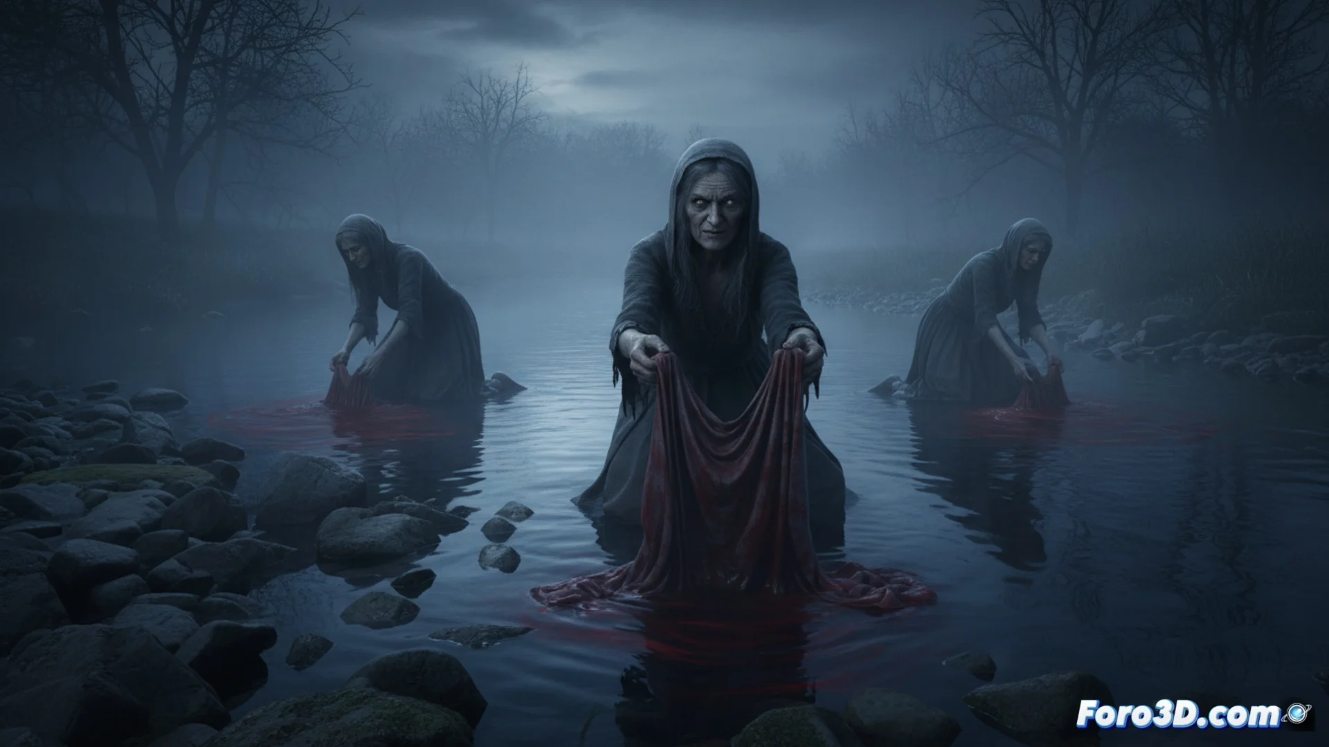 Ilustración digital de ambiente nocturno y sombrío que muestra a tres figuras femeninas encorvadas, con aspecto de ancianas, lavando ropa en las aguas oscuras del río Nalón. La ropa que manipulan muestra manchas rojas intensas. El entorno refleja el paisaje industrial y natural de las cuencas mineras asturianas.