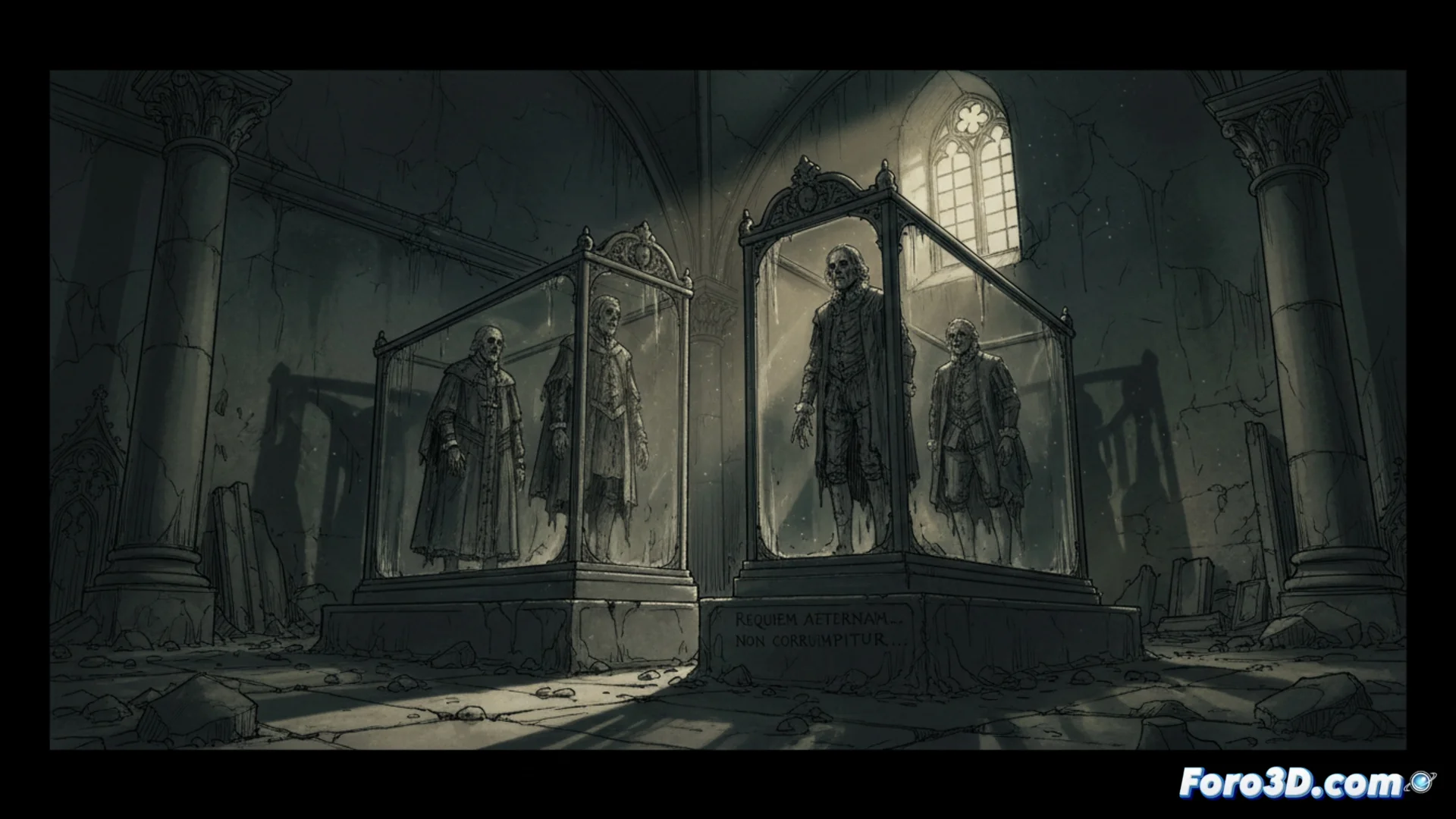 Fotografía de la cripta o el interior de la Colegiata de San Pedro de Teverga, donde se guardan los cuerpos momificados del abad Pedro Analso de Miranda y el marqués de Valdecarzana.