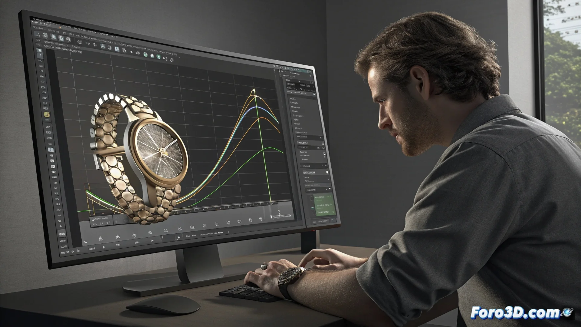 Captura de pantalla de HDR Light Studio 9 mostrando la interfaz de la nueva herramienta Lumi Curve, con una curva de intensidad de luz personalizable aplicada sobre una escena 3D de un producto.