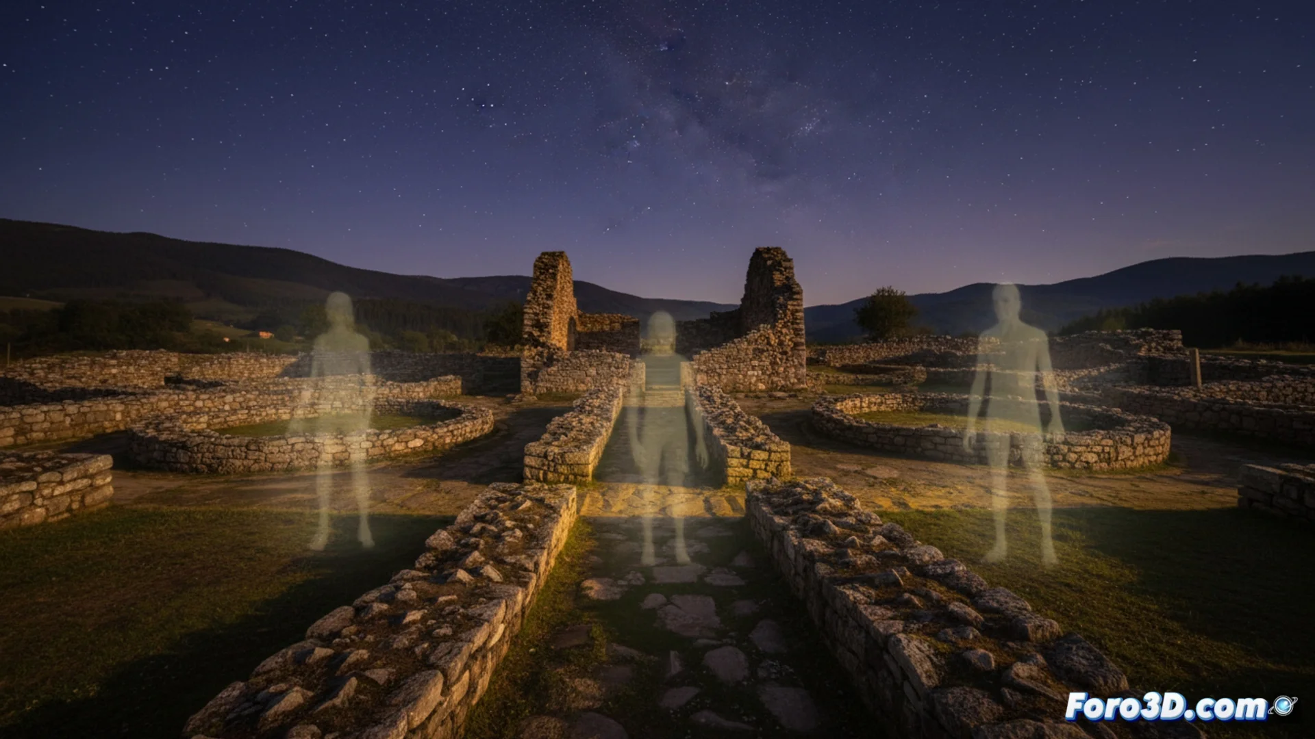Vista aérea del yacimiento arqueológico del castro de Coaña en Asturias, mostrando sus estructuras circulares de piedra entre la vegetación, con un ambiente crepuscular que sugiere misterio.