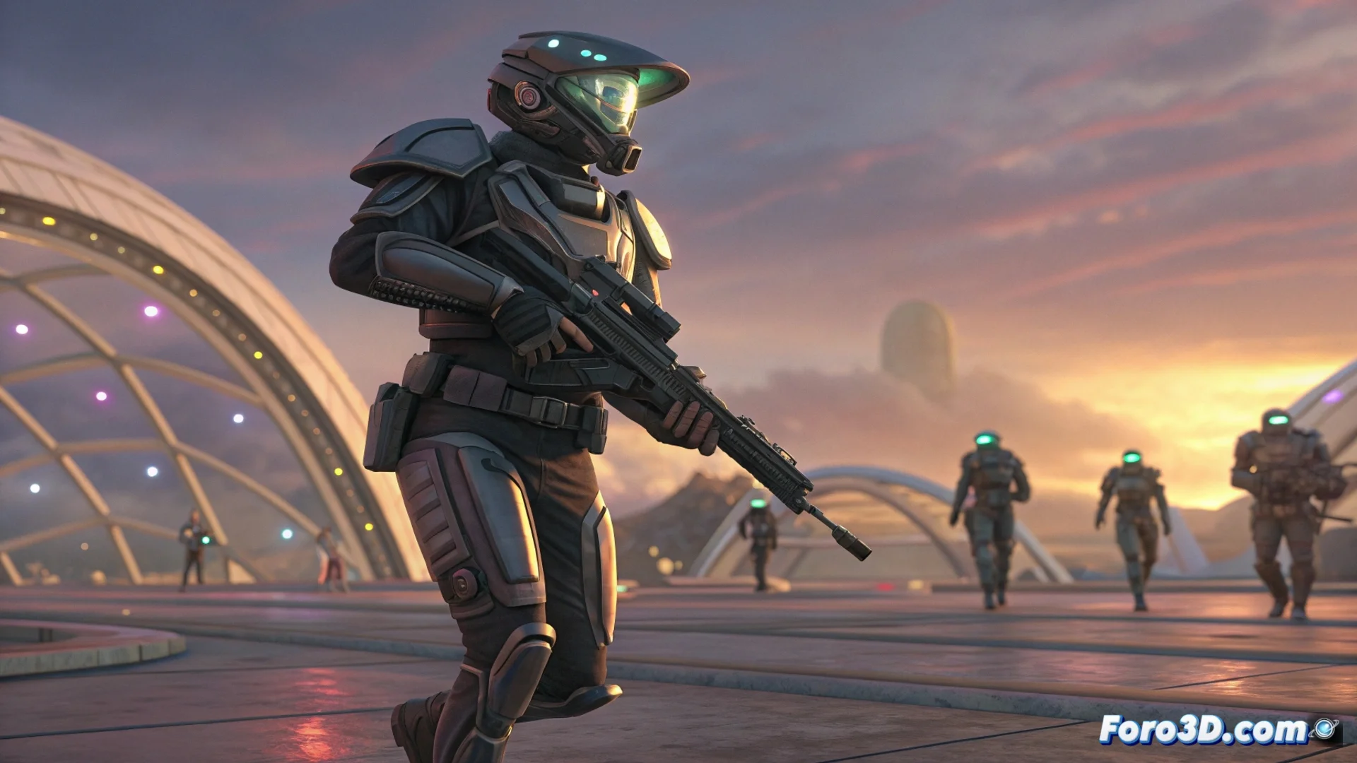 Captura de pantalla del videojuego Marathon mostrando un corredor en un entorno futurista del planeta Tau Ceti IV, con armas y tecnología avanzada.