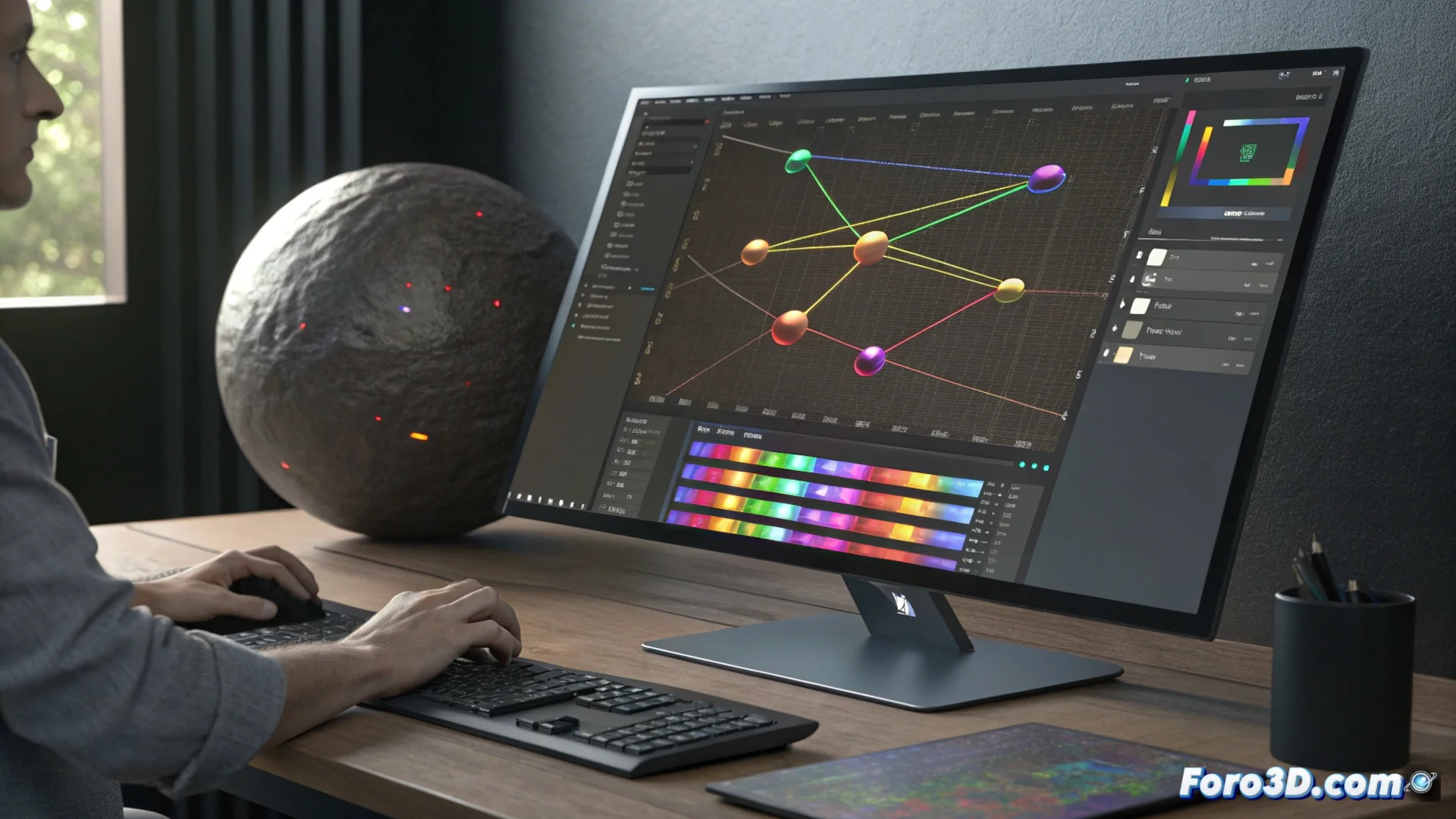 Captura de pantalla del entorno de nodos de Material Maker 1.5 mostrando un grafo de nodos para crear un material procedimental complejo, con paneles de vista previa 3D y 2D.