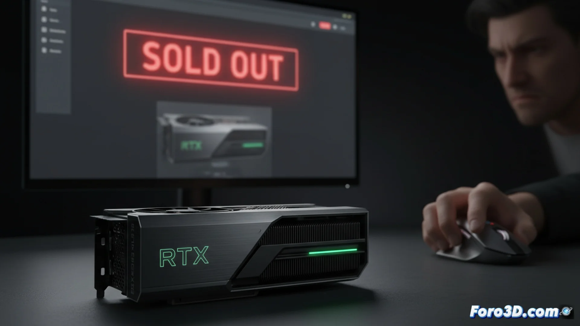 Fotografía de una tarjeta gráfica Nvidia GeForce RTX 5090 Founders Edition sobre una caja negra con iluminación ambiental verde, mostrando su diseño de doble ventilador.