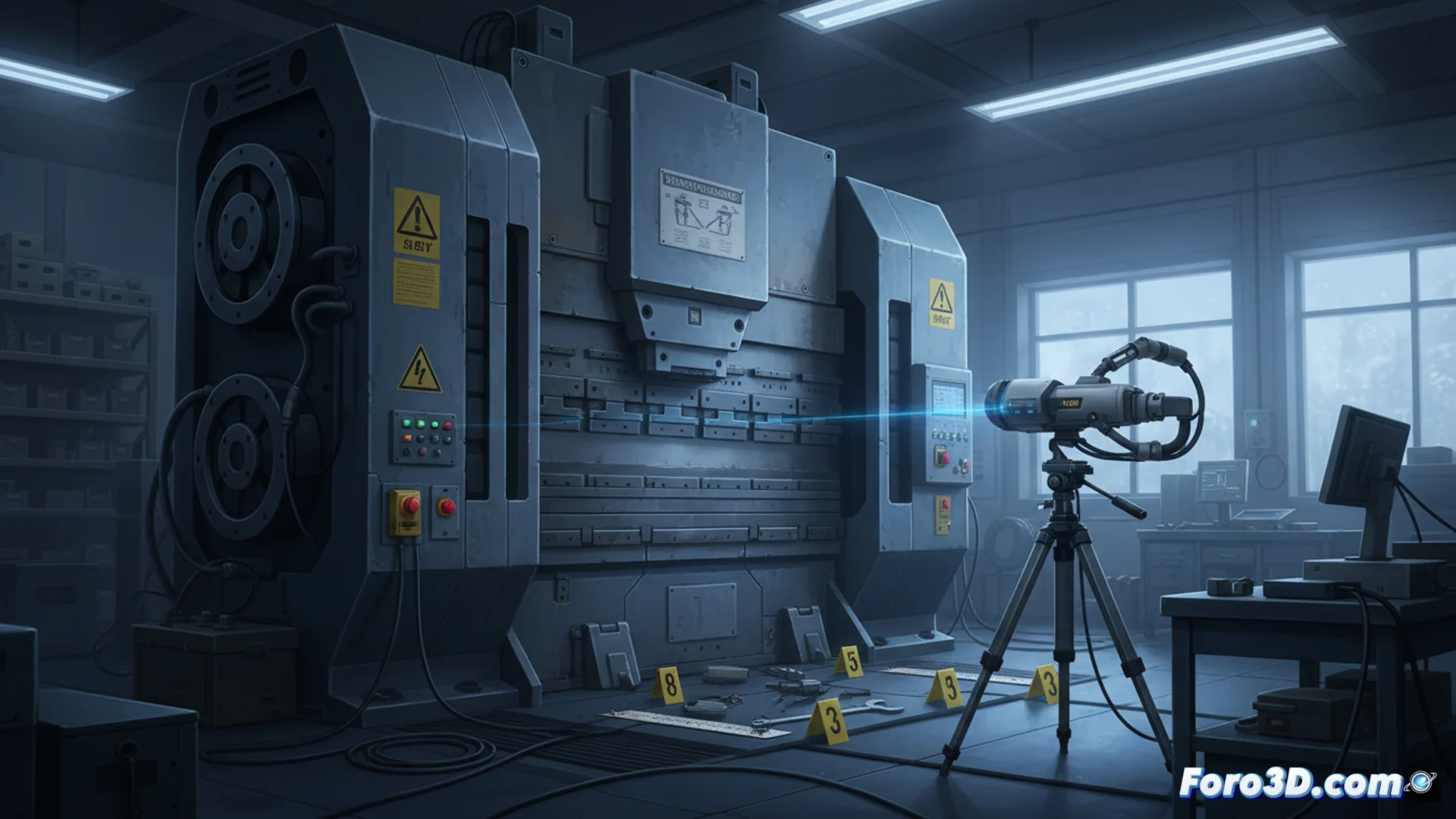 Reconstrucción digital 3D de un taller industrial que muestra una plegadora de chapa metálica y la posición de un avatar humano, generada a partir de una nube de puntos y fotogrametría.