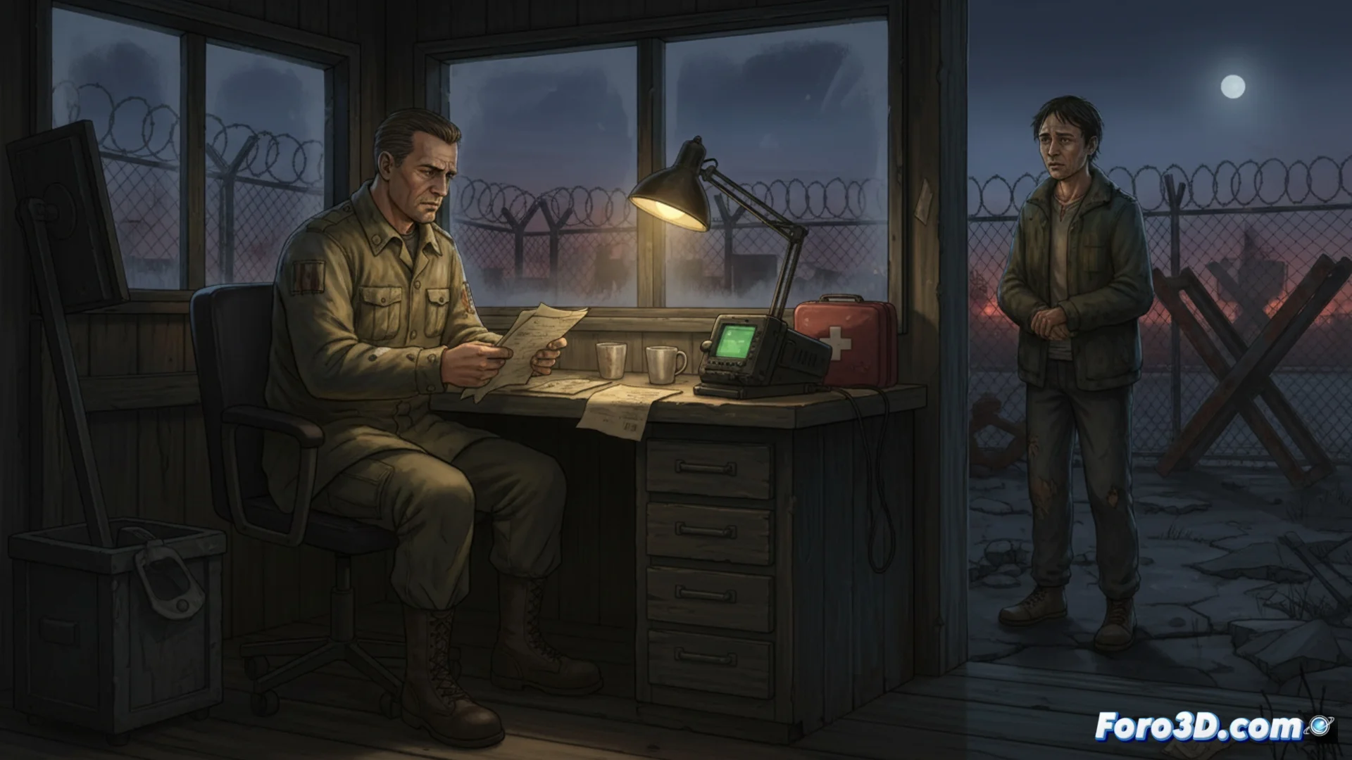 Captura de pantalla del juego Quarantine Zone The Last Check mostrando la interfaz de un guardia en un puesto de control, con un superviviente esperando ser inspeccionado y herramientas como un termómetro y un escáner a la vista.