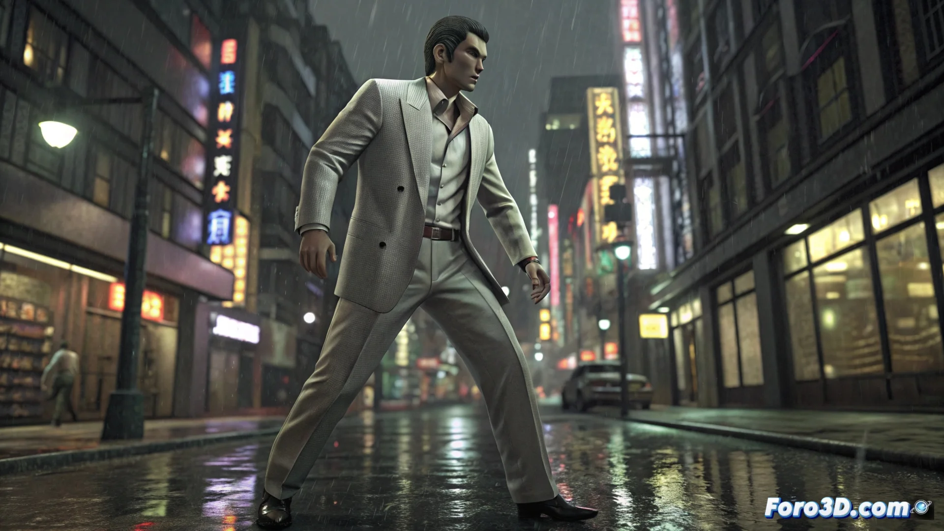 Captura de pantalla promocional de Yakuza Kiwami 3 Dark Ties mostrando a su protagonista en un entorno urbano nocturno de Kamurocho.