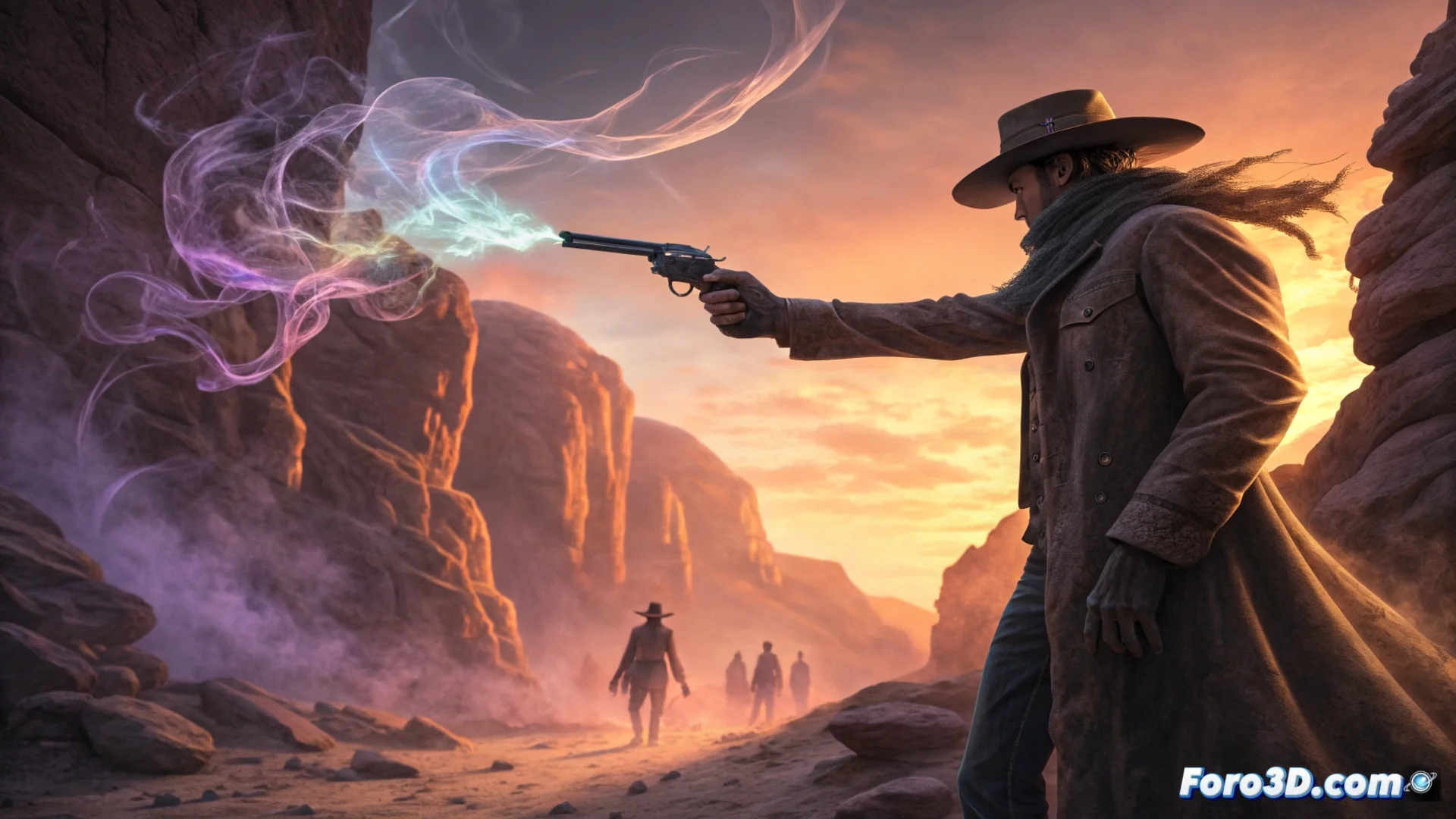 Captura de pantalla del videojuego Soulslinger: Envoy of Death mostrando al personaje principal, un pistolero, en un entorno posapocalíptico estilizado, apuntando con un arma de fuego mientras se prepara para el combate.