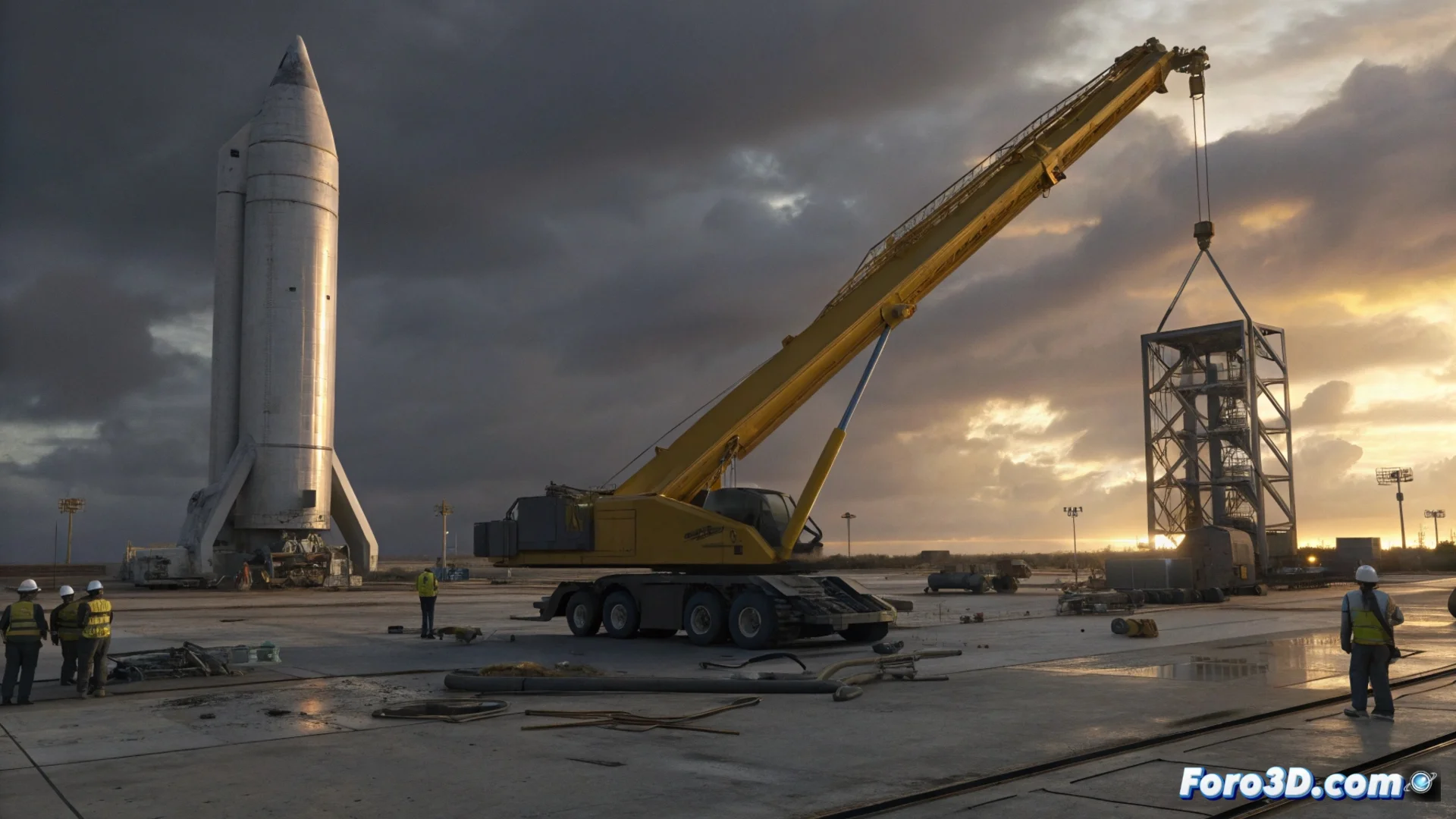 Fotografía que muestra los restos de un cabestrante hidráulico industrial colapsado en un terreno, con escombros metálicos alrededor, en las instalaciones de Starbase de SpaceX en Texas.
