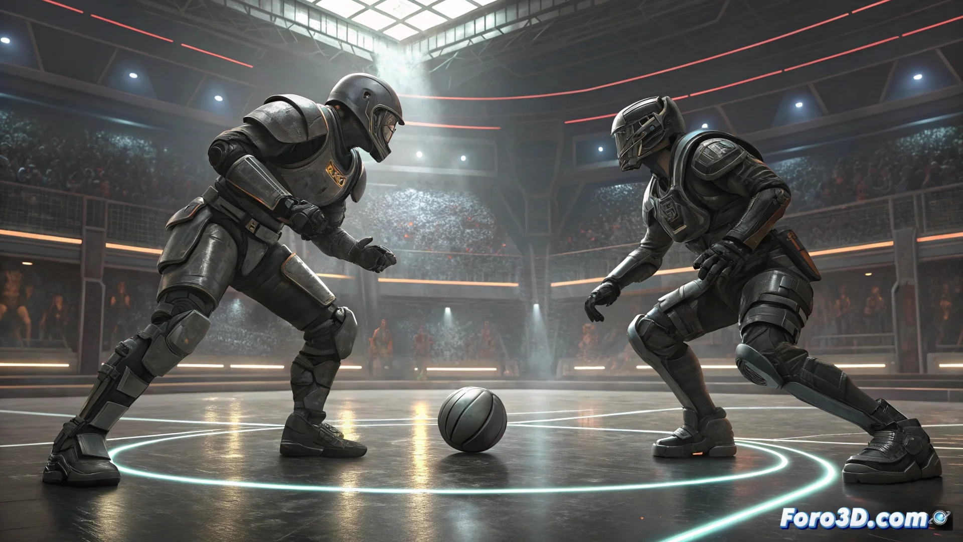 Screenshot of the video game Speedball showing a violent action on the court, with futuristic players colliding and a metallic ball in the air, all with a cyberpunk visual style.