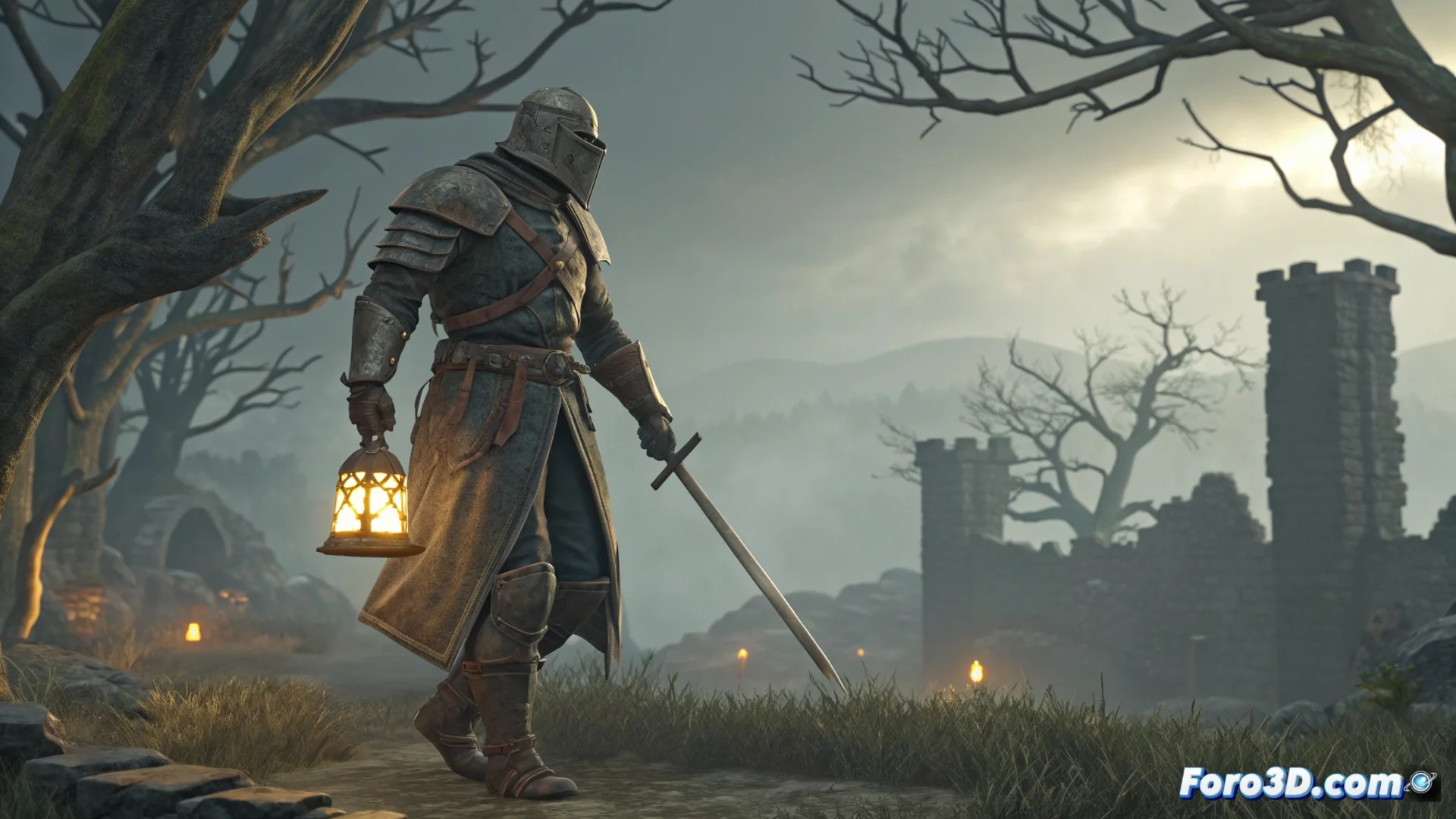 Captura de pantalla del videojuego Tainted Grail: The Fall of Avalon mostrando a un personaje en un paisaje oscuro y decadente de la isla de Avalon, con ruinas antiguas y una atmósfera sombría.