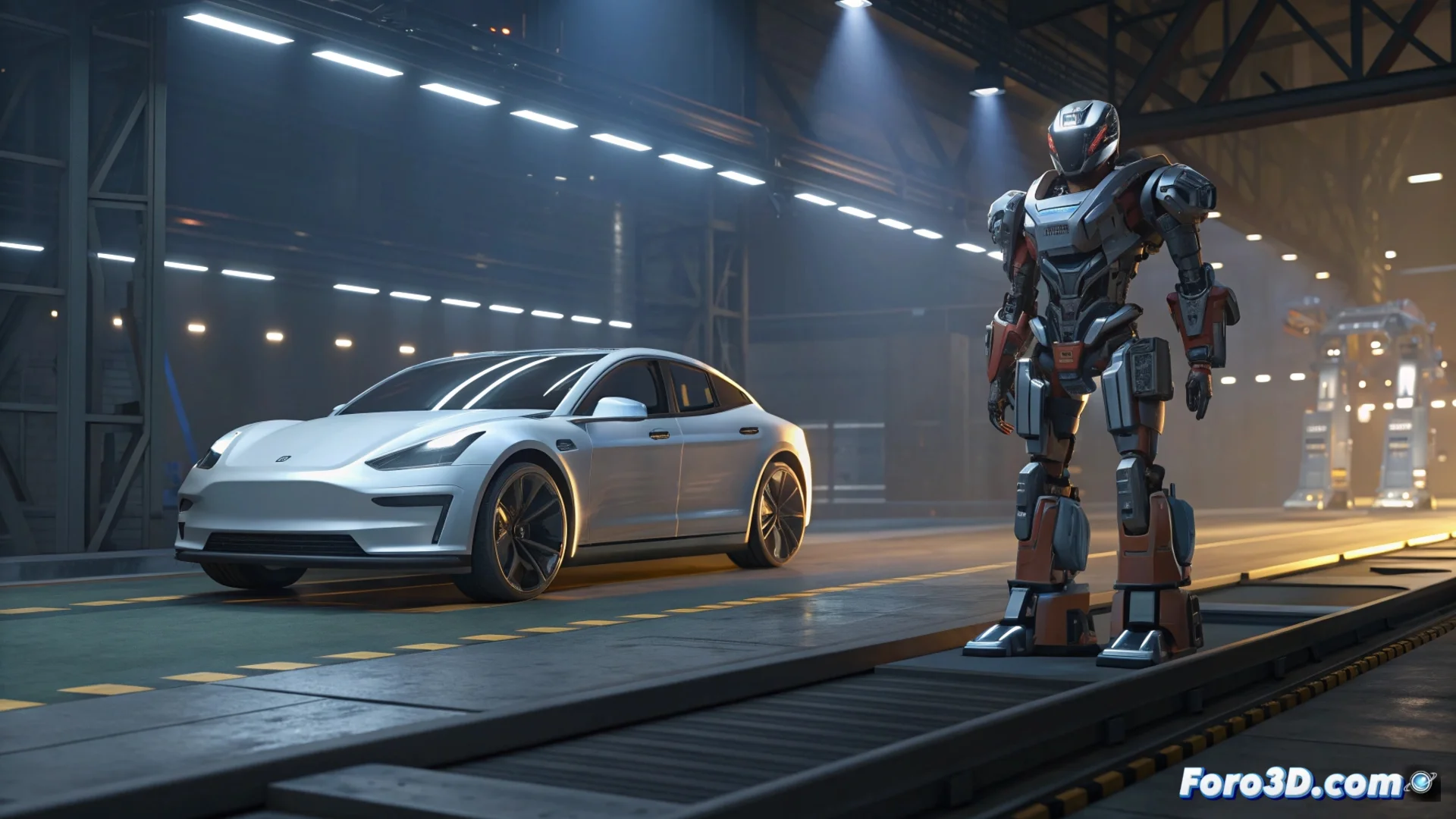 Render conceptual que muestra el vehículo autónomo Cybercab de Tesla y el robot humanoide Optimus en una línea de montaje futurista.