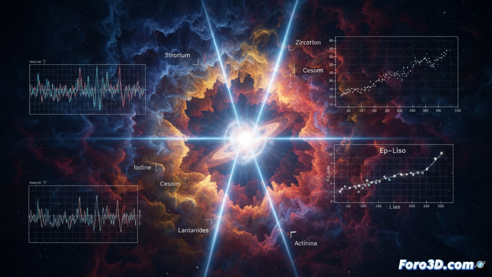 Representación artística de una kilonova, mostrando el brillante resplandor y la estructura de los materiales expulsados tras la fusión de dos estrellas de neutrones.