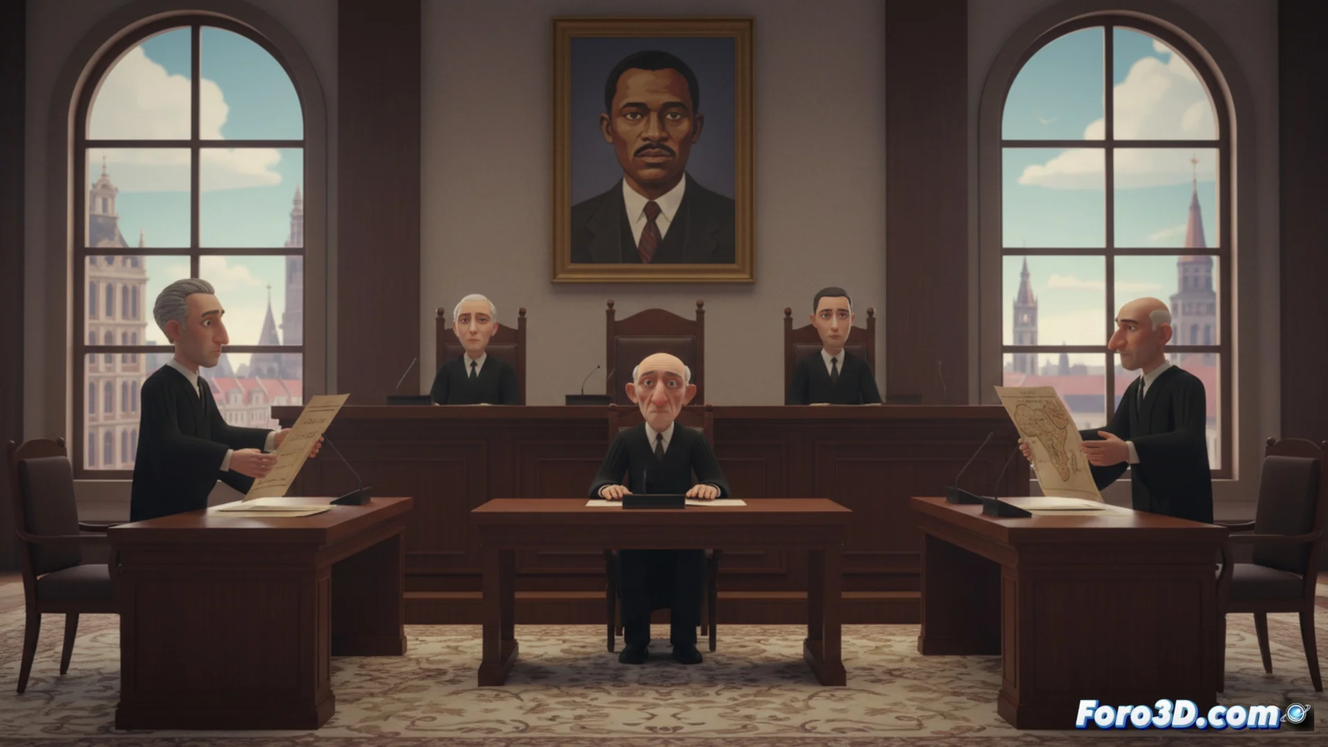 Fotografía de archivo en blanco y negro de Patrice Lumumba dando un discurso, con el Palacio de Justicia de Bruselas superpuesto en un estilo de doble exposición.