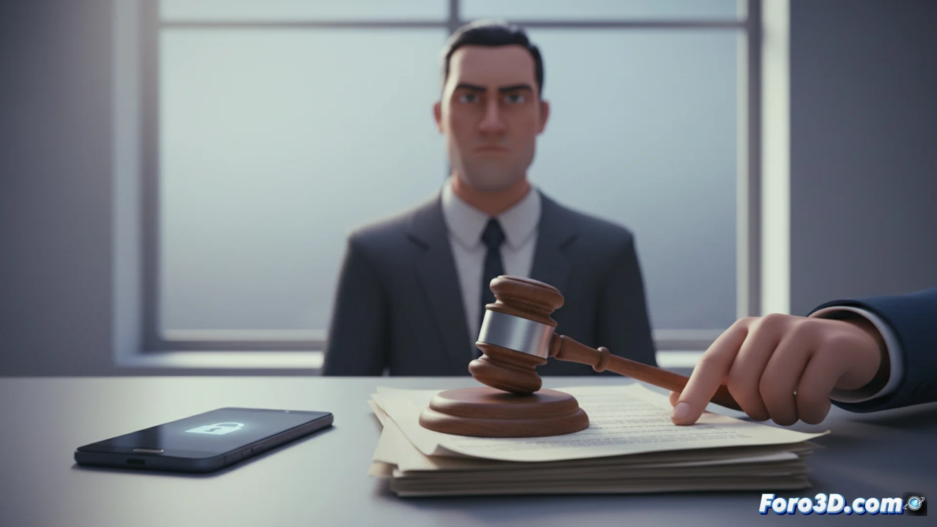 Un juez sostiene un martillo frente a un logo de Apple y un iPhone, simbolizando el fallo judicial a favor de la empresa tecnológica en un caso de privacidad de datos.