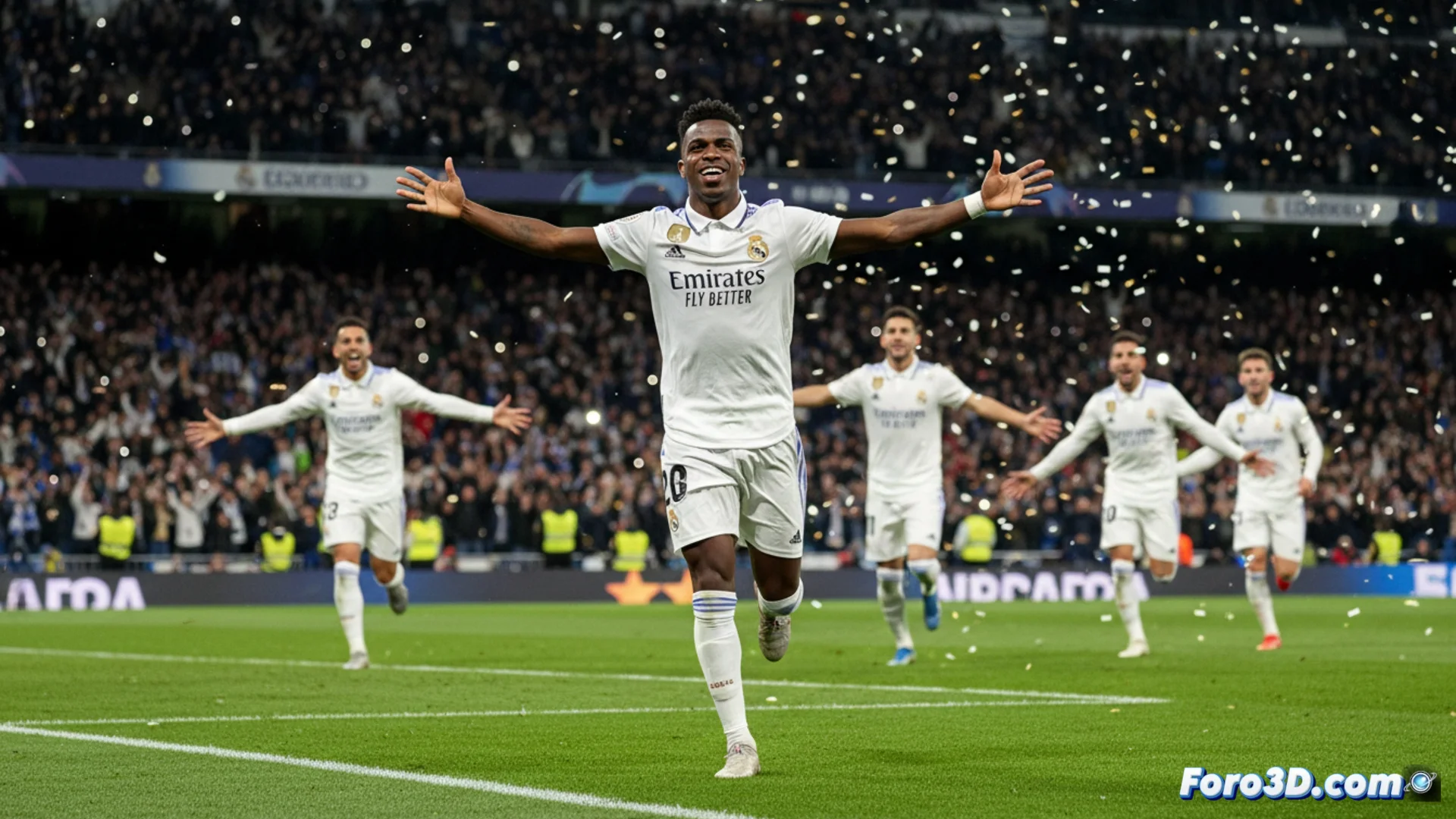 Vinicius Junior celebra tras anotar un gol durante el partido de Liga entre el Real Madrid y el Real Betis en el Santiago Bernabéu.