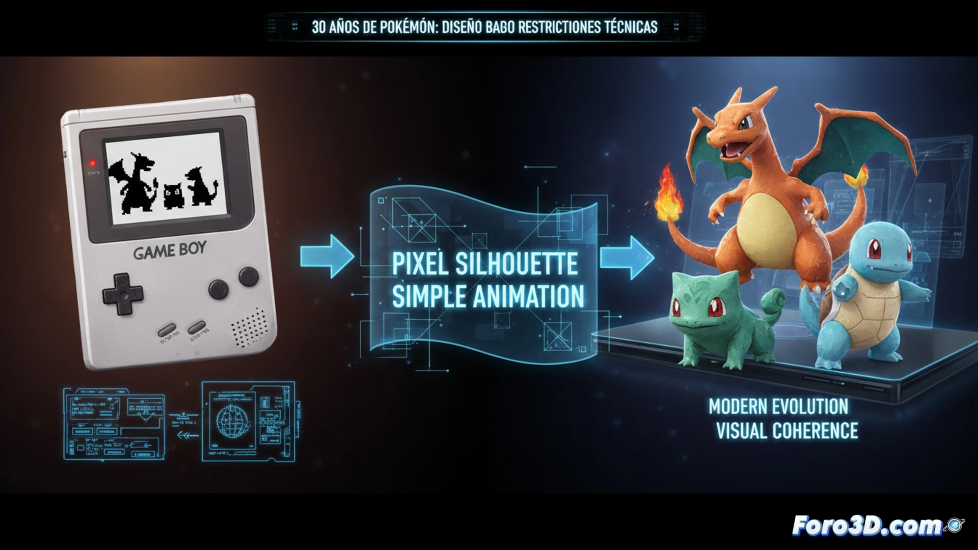 Una Game Boy muestra a Charmander. Sus píxeles definen una silueta clara, contrastando con su modelo 3D detallado que gira junto a la pantalla.